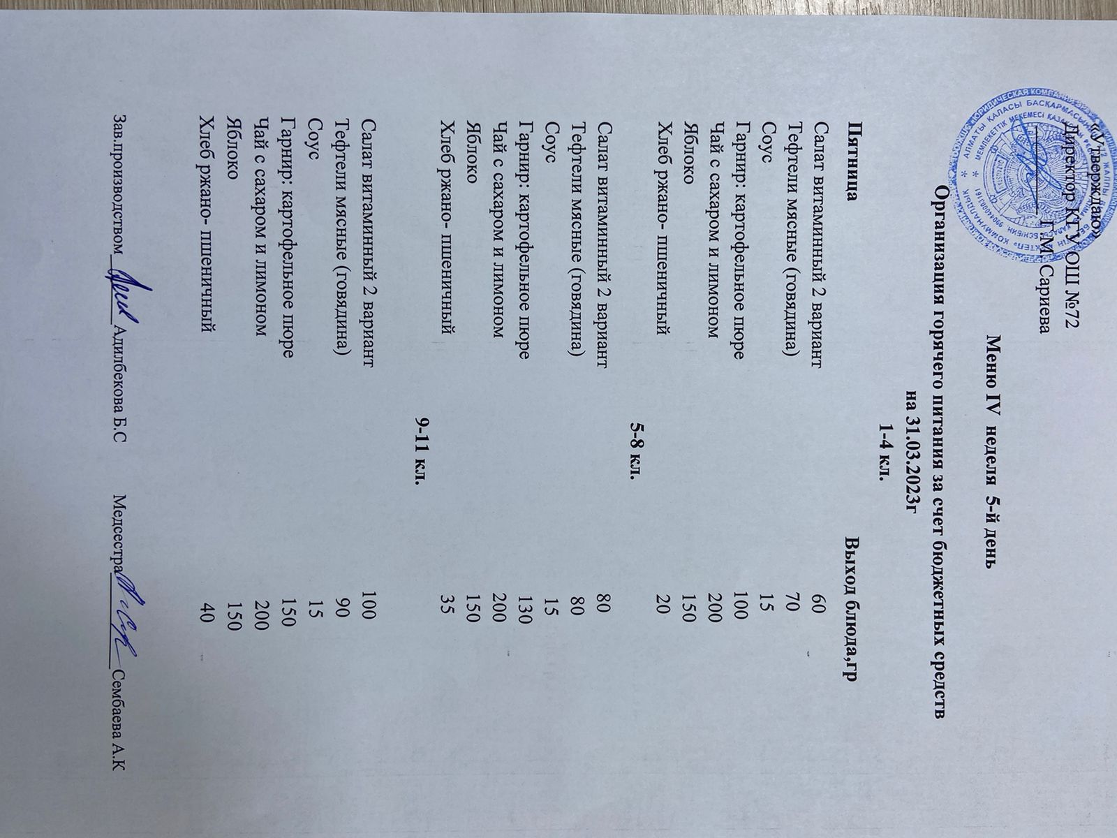 Ас мәзірі. 31.03.2023ж