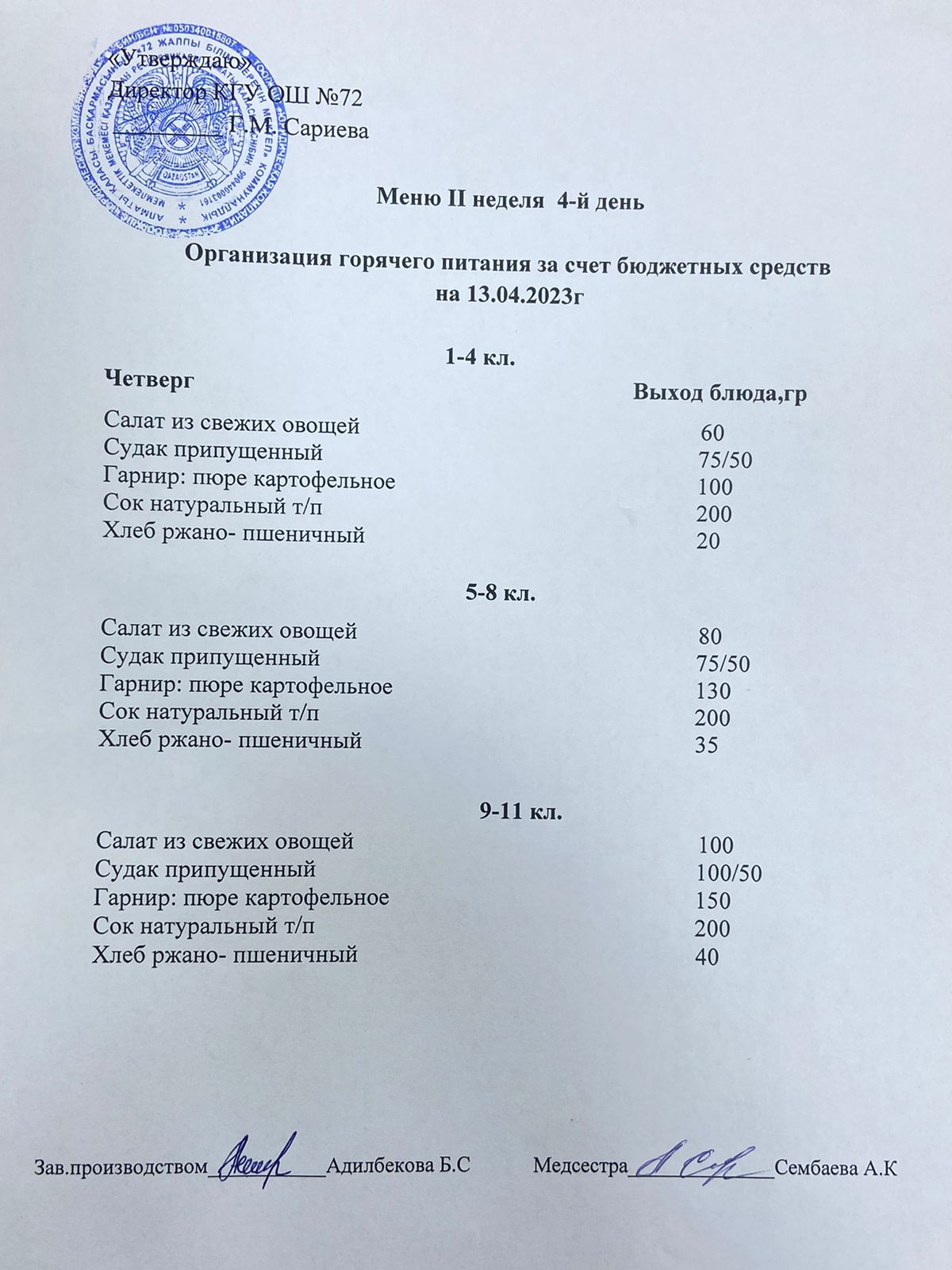 Ас мәзірі. 13.04.2023ж