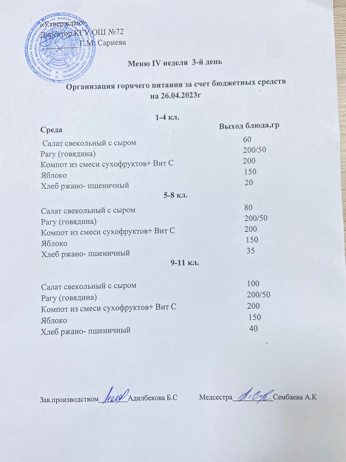 Ас мәзірі. 26.04.2023ж