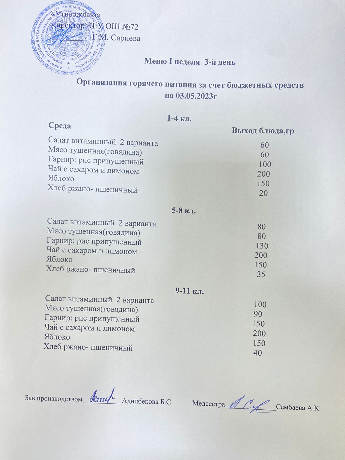 Ас мәзірі. 03.05.2023ж