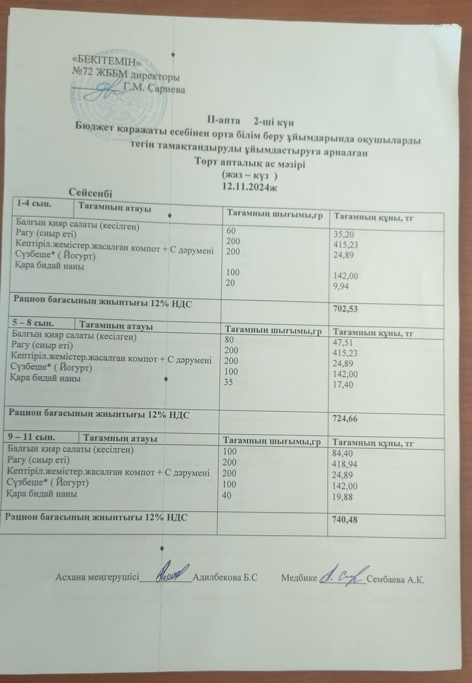 Ас мәзірі. 12.11.2024ж