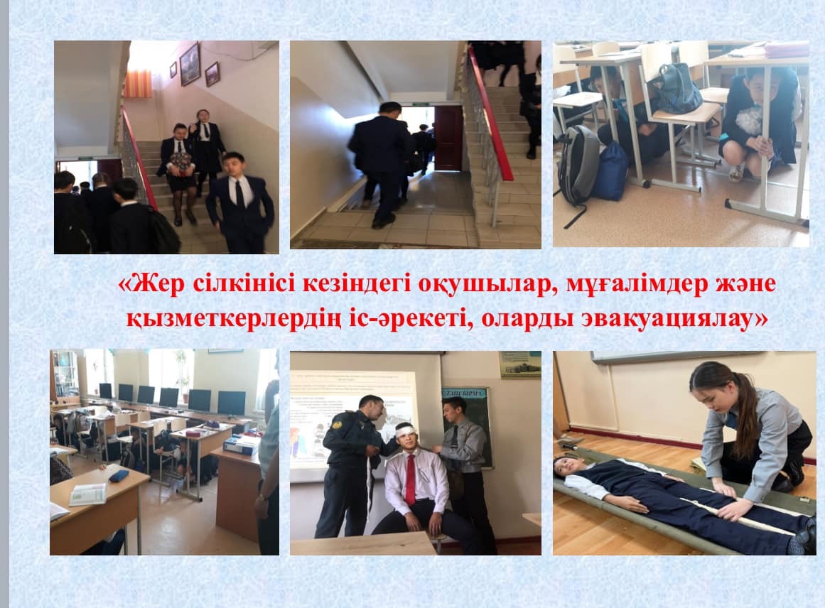 «Жер сілкінісі кезіндегі оқушылардың, мұғалімдердің қорғану іс- әрекеті» тақырыбында көрнекі түрде жаттығу