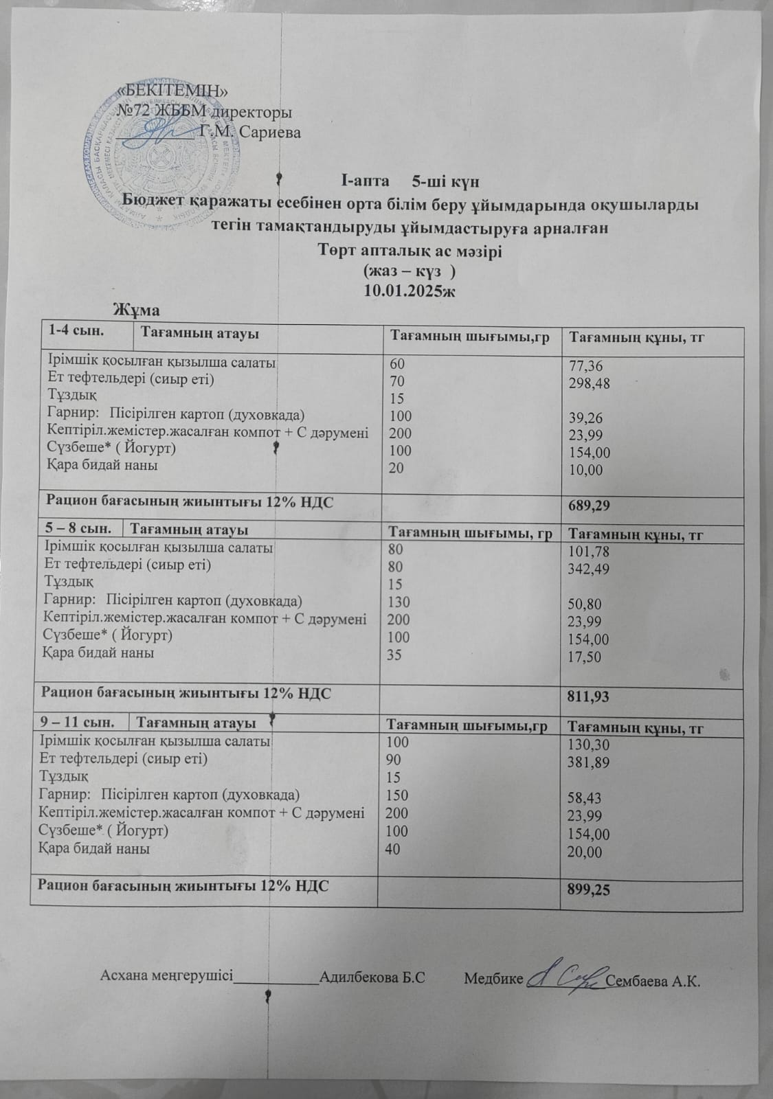 Ас мәзірі. 10.01.2025ж