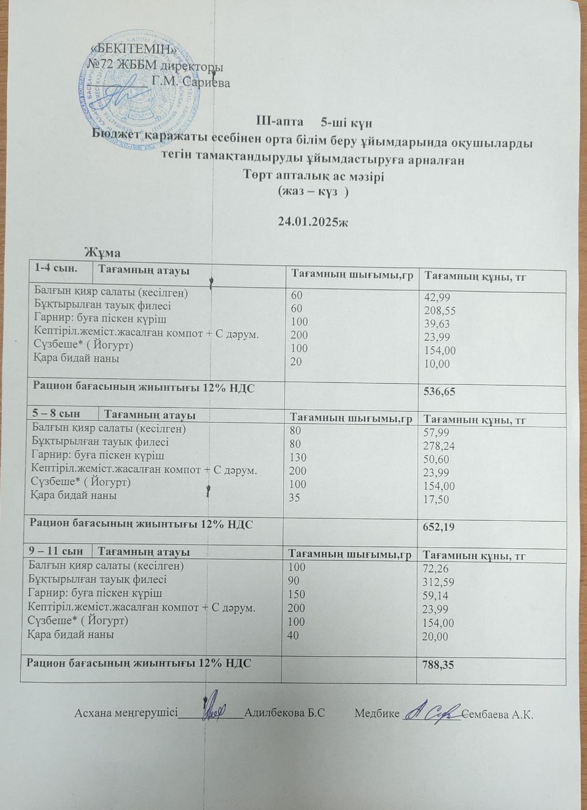 Ас мәзірі. 24.01.2025ж