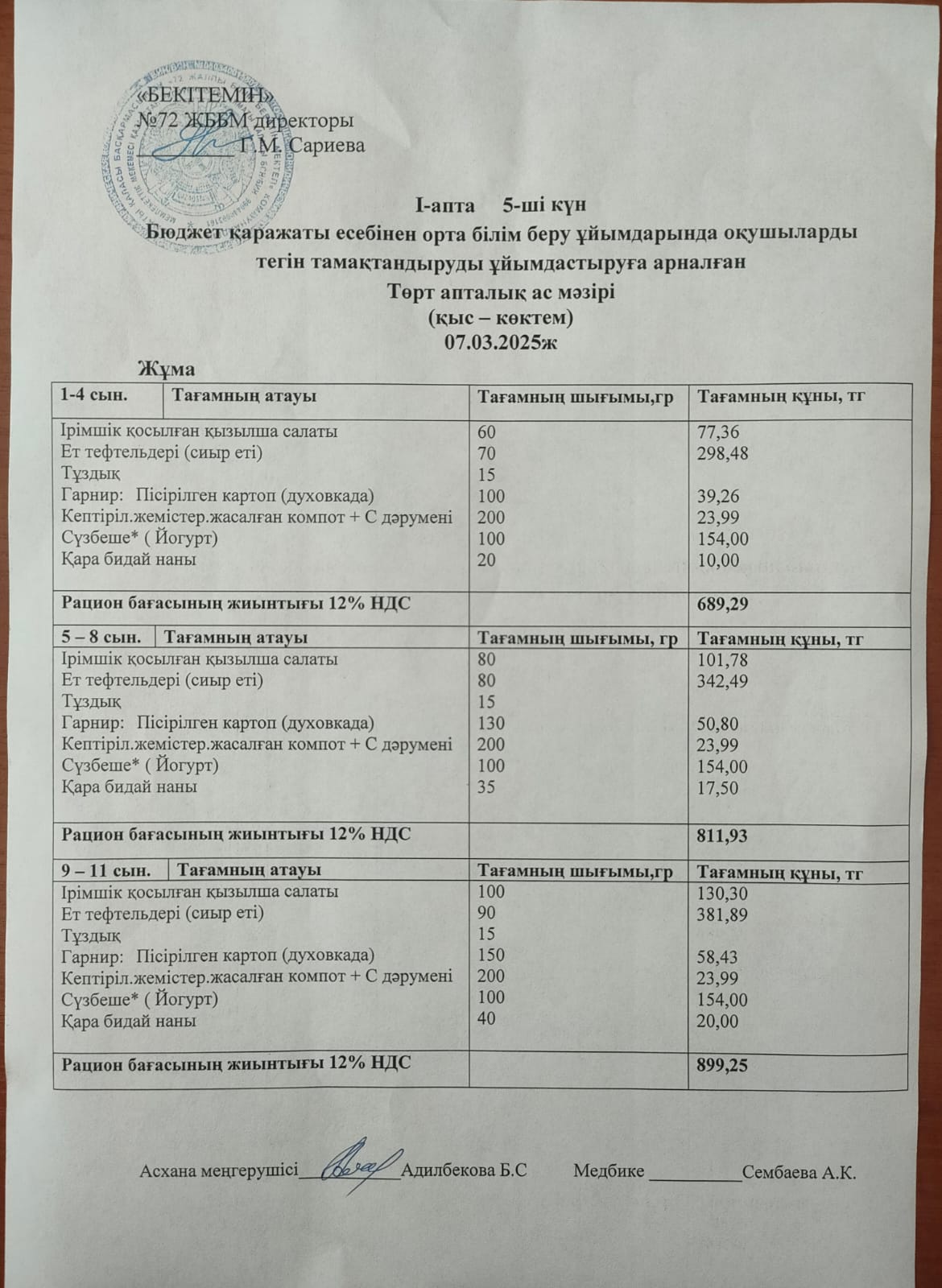 Ас мәзірі. 07.03.2025ж