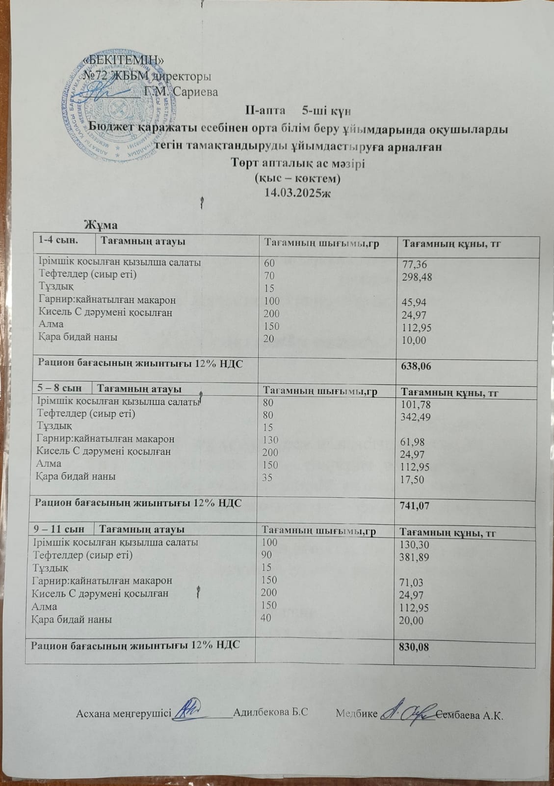 Ас мәзірі. 14.03.2025ж