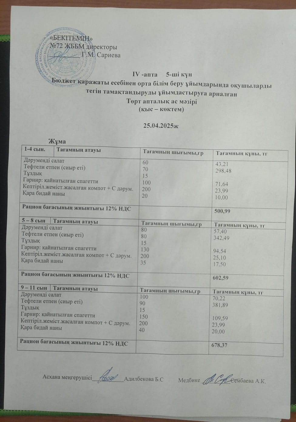 Ас мәзірі. 25.04.2025ж