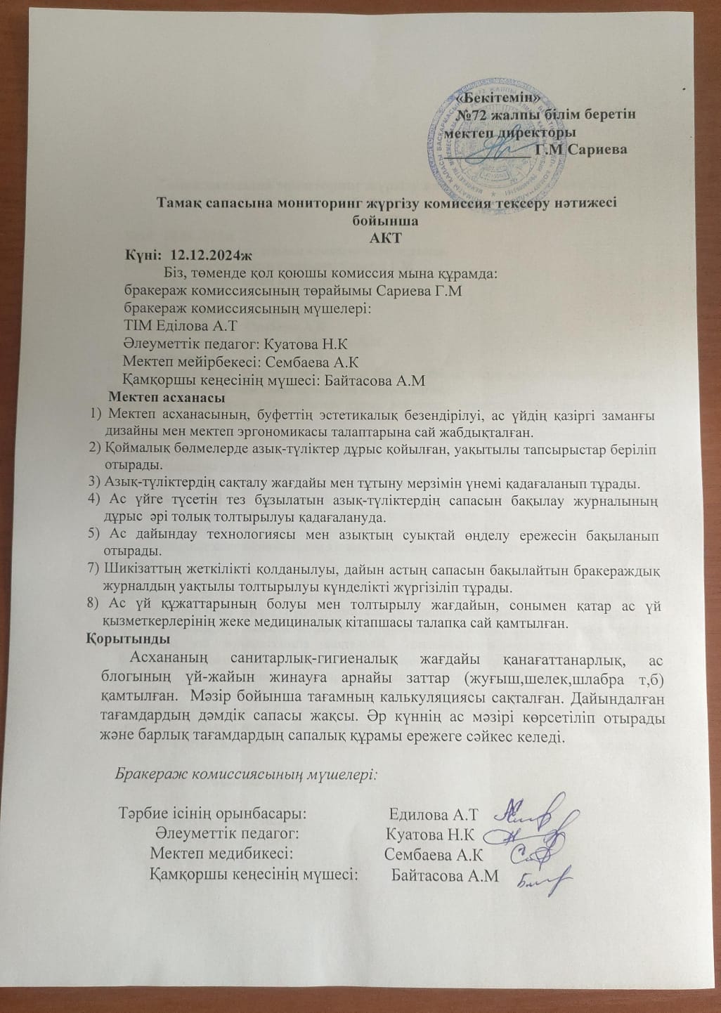 Тамақ сапасына мониторинг жүргізу комиссия тексеру нәтижесі бойынша АКТ