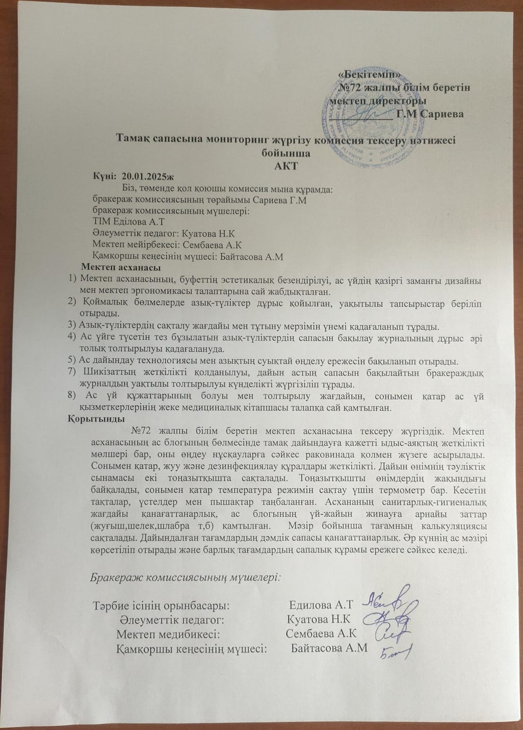 Тамақ сапасына мониторинг жүргізу комиссия тексеру нәтижесі бойынша АКТ