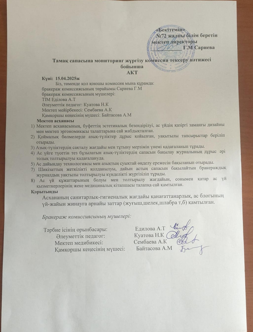 Тамақ сапасына мониторинг жүргізу комиссия тексеру нәтижесі бойынша АКТ