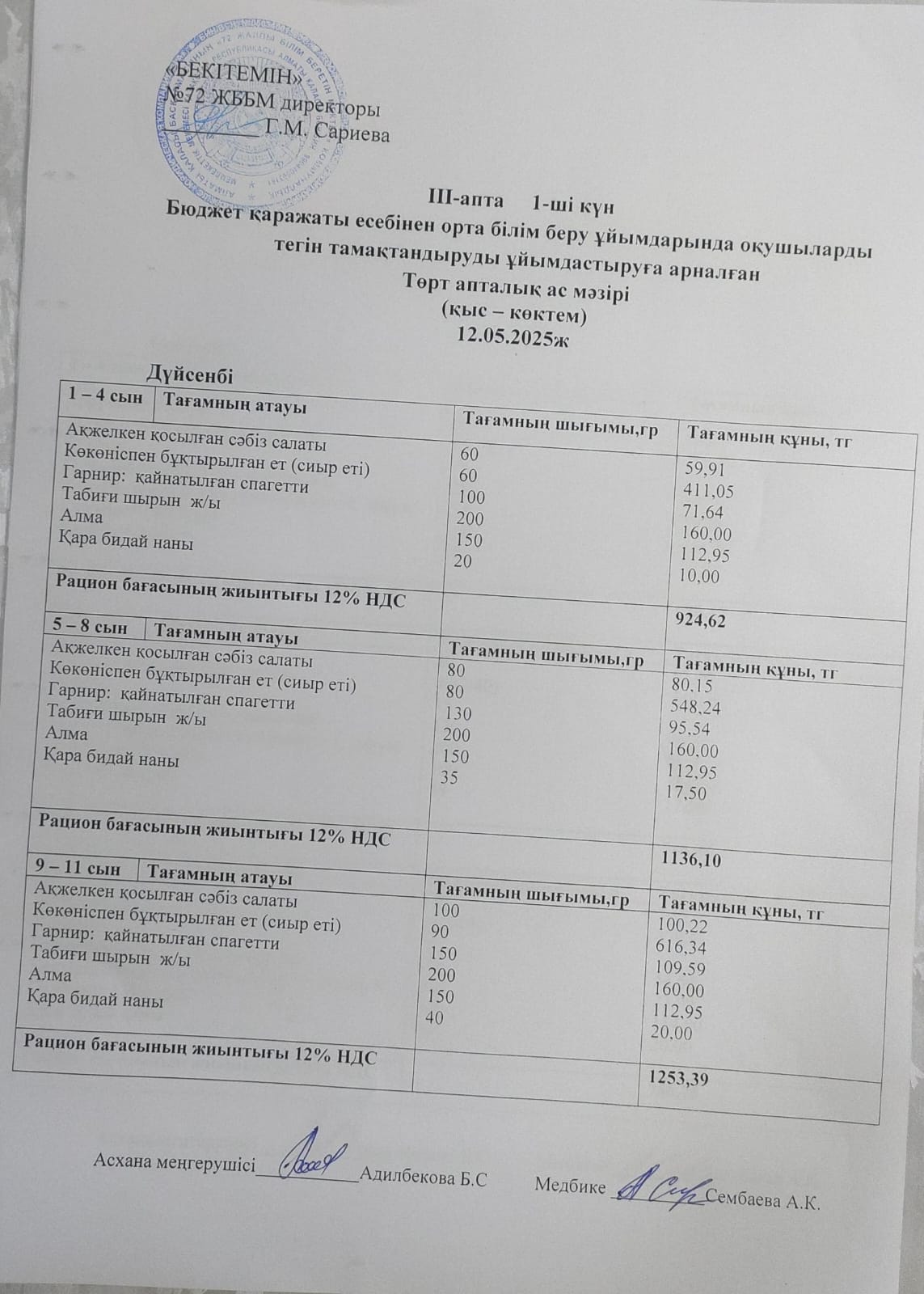 Ас мәзірі. 12.05.2025ж