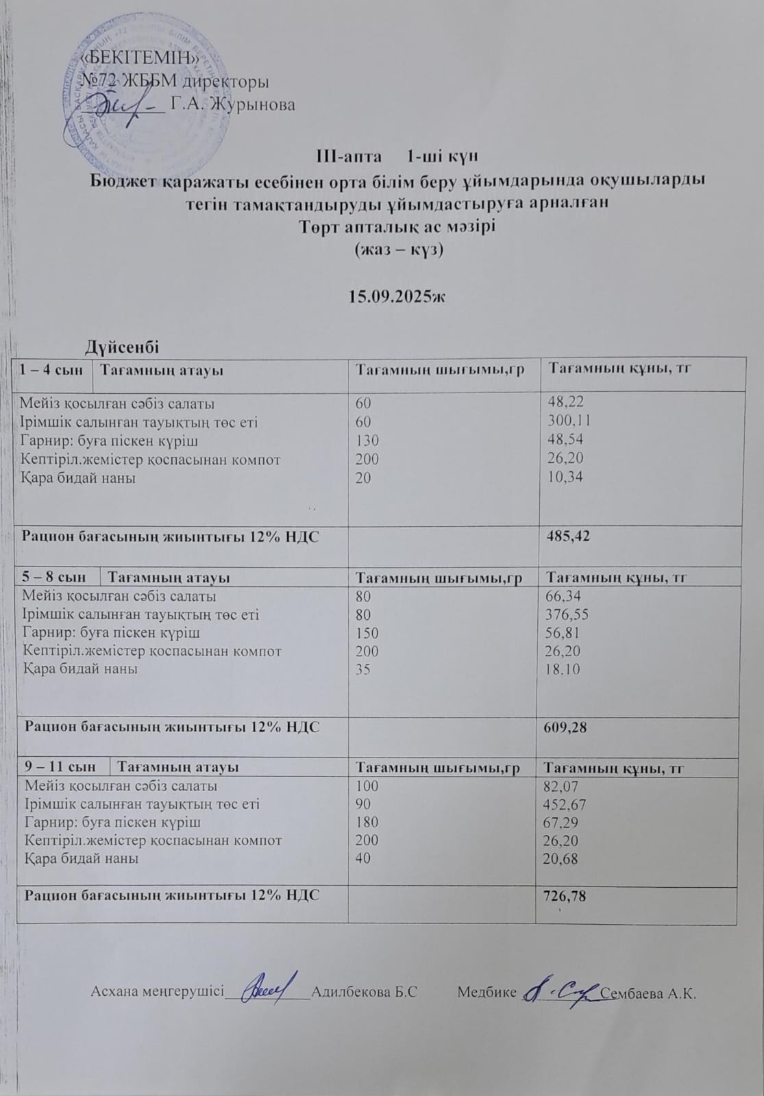 Ас мәзірі 15.09.2025ж. 3-апта, 1-күн