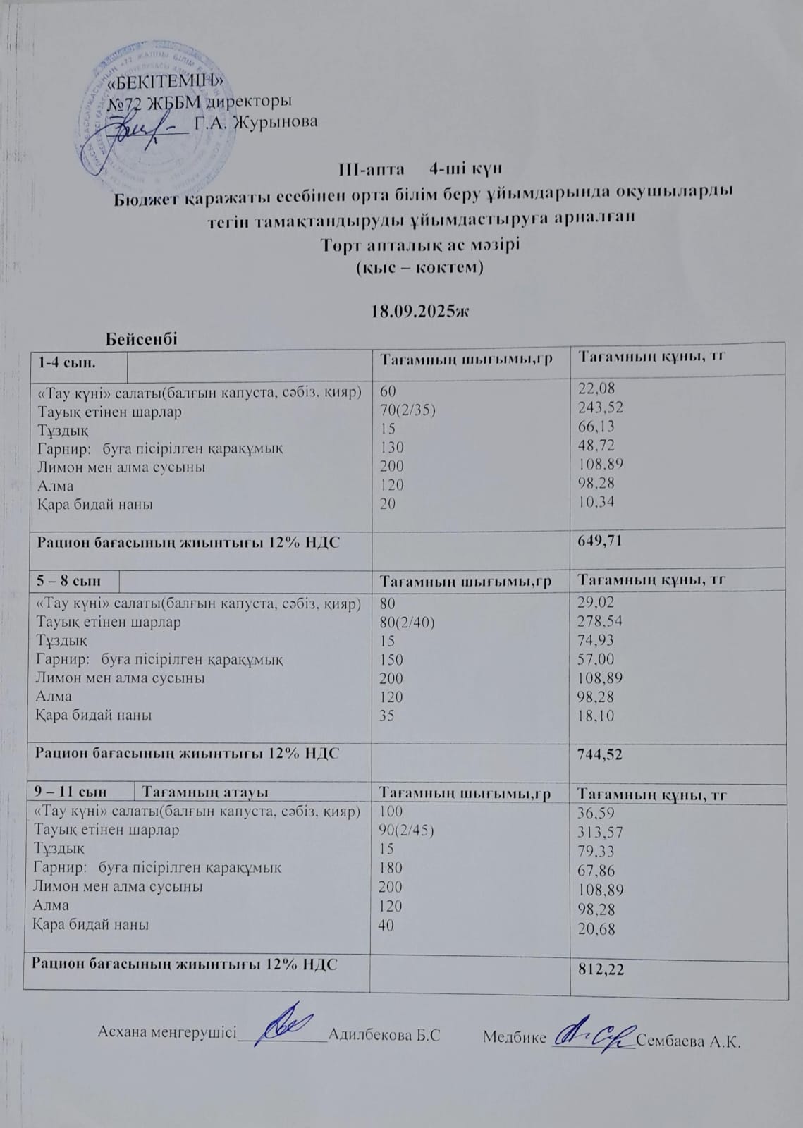 Ас мәзірі. 18.09.2025ж. 3-апта, 4-күн