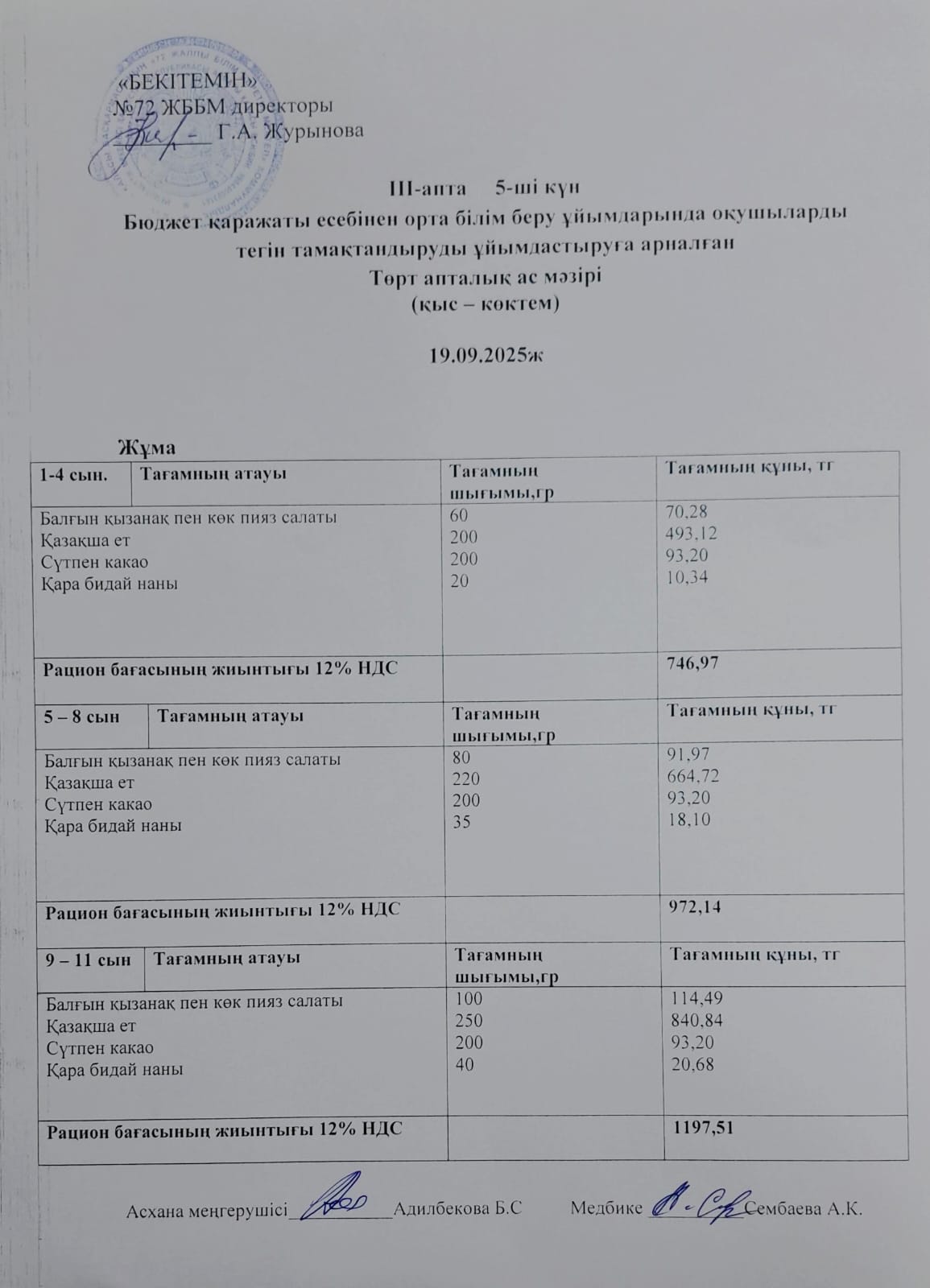 Ас мәзірі. 19.09.2025ж. 3-апта, 5-күн
