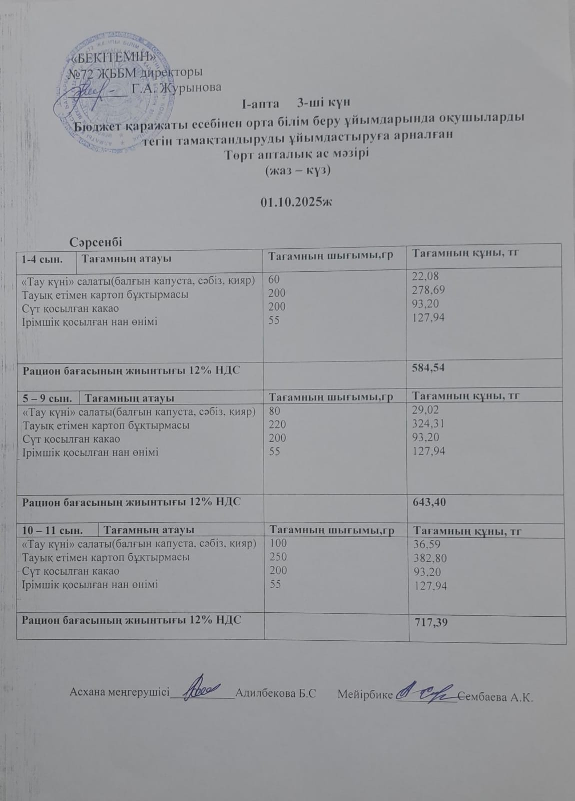 Ас мәзірі. 01.10.202 ж. 1-апта, 3-күн