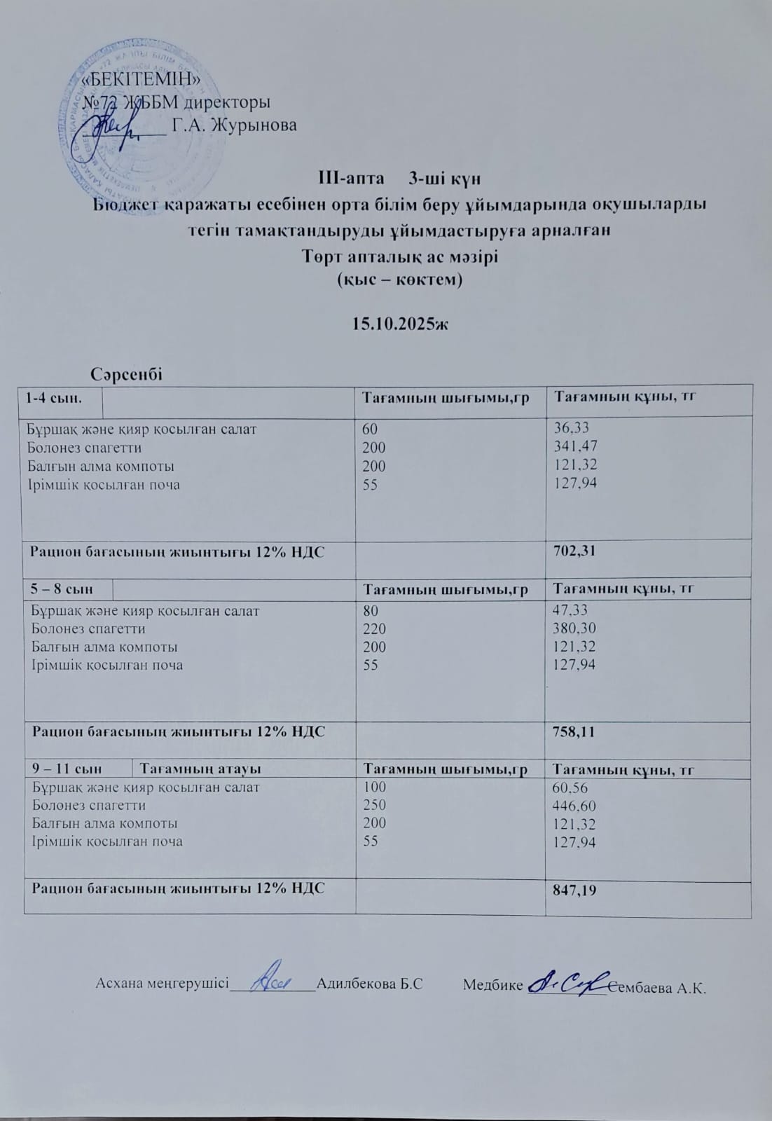 Ас мәзірі. 15.10.2025ж.(3-апта, 3-күн)