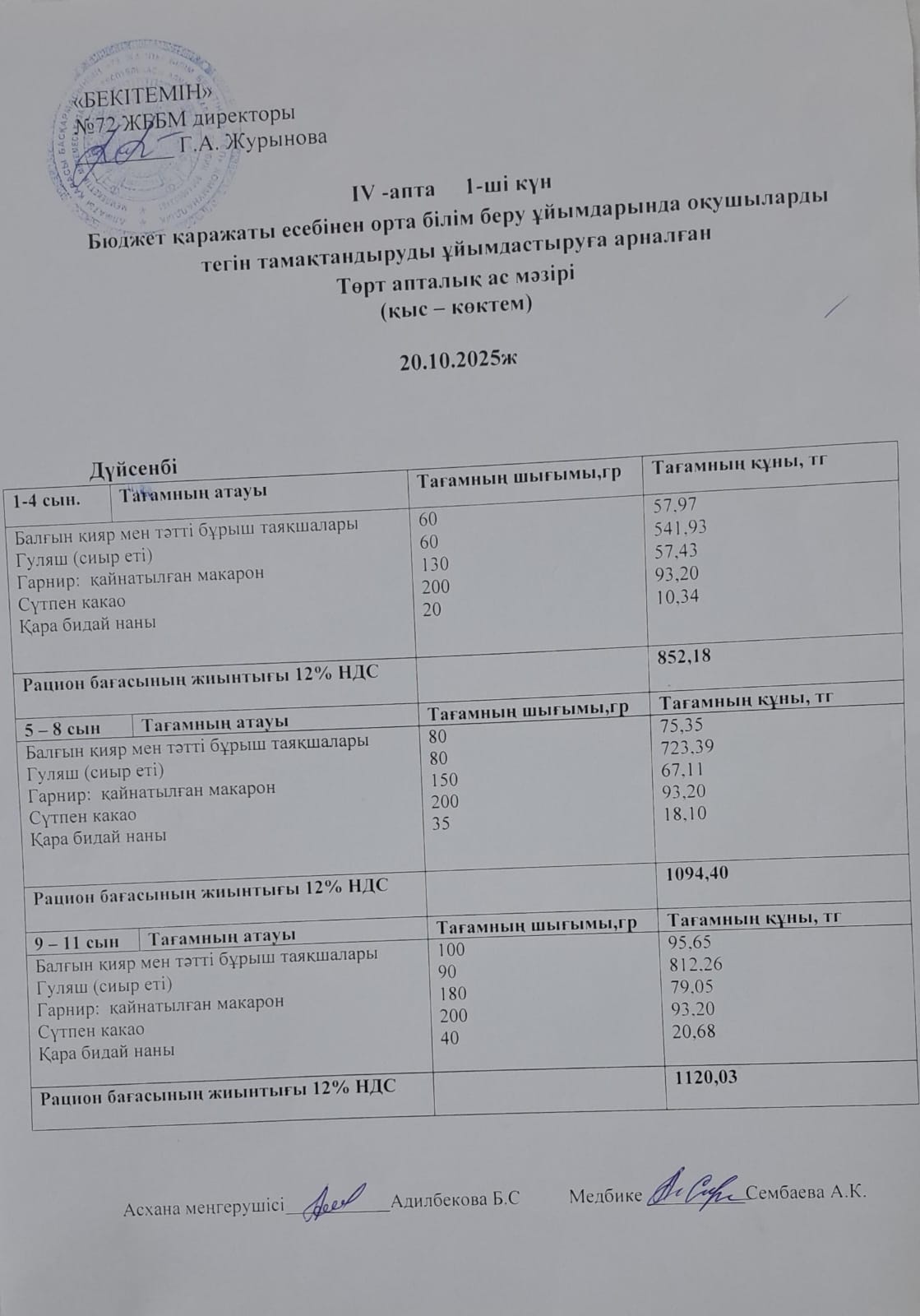 Ас мәзірі. 20.10.2025 ж. (4-апта, 1-күн)