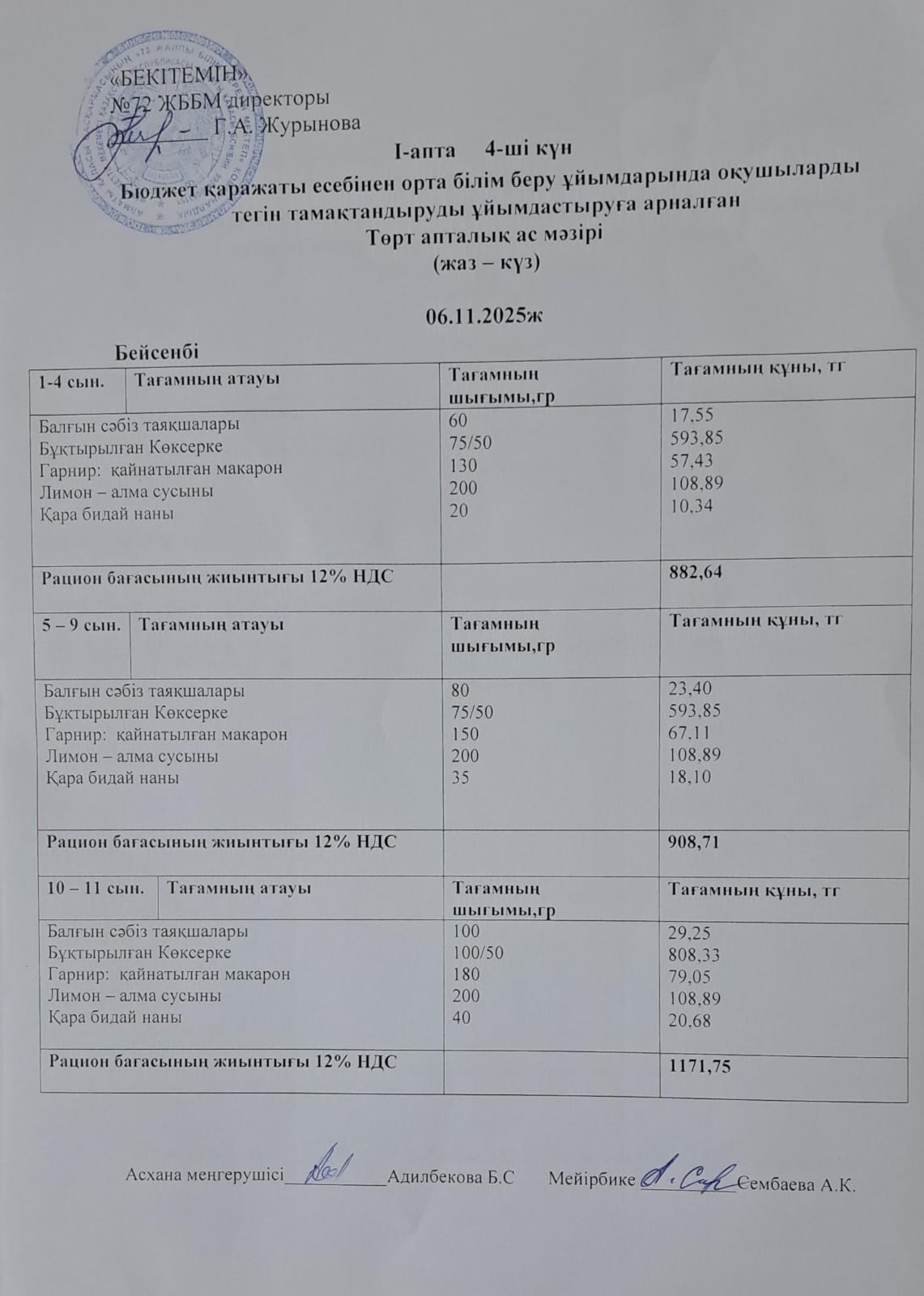 Ас мәзірі. 06.11.2025ж.1-апта, 4-күн