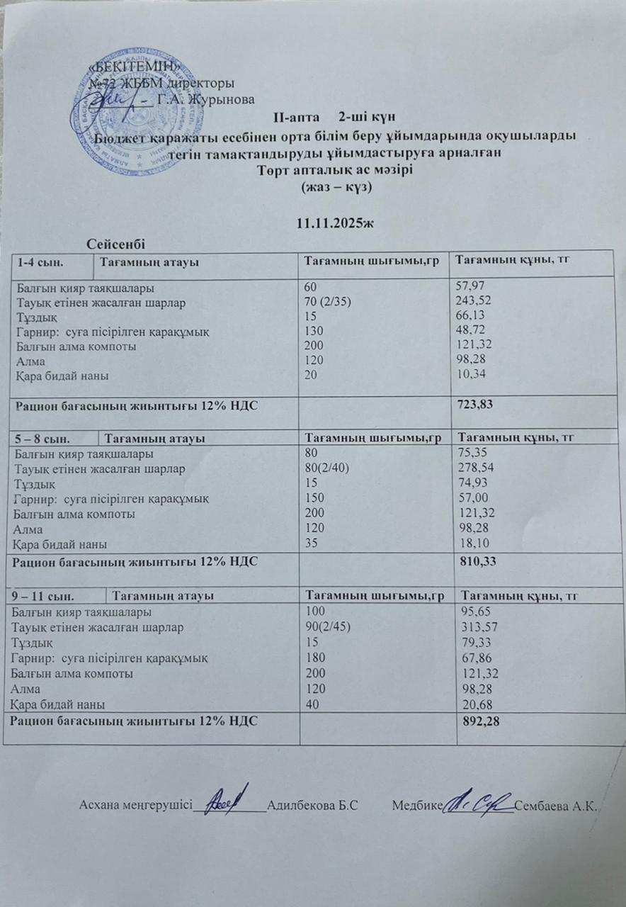 Ас мәзірі 11.11.2025ж (2-апта, 2-күн)