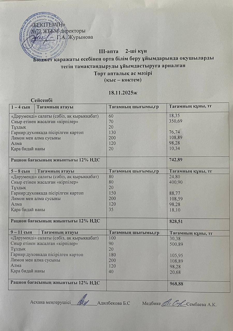Ас мәзірі. 18.11.2025ж. (3-апта, 2-күн)