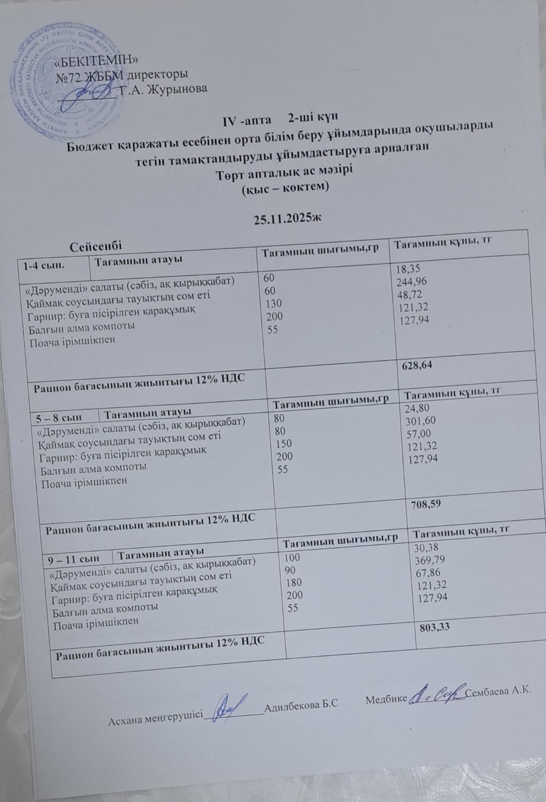 Ас мәзірі. 25.11.2025 ж. (4-апта, 2-күн)