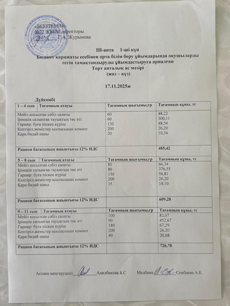 Ас мәзірі. 17.11.2025ж. (3-апта, 1-күн)