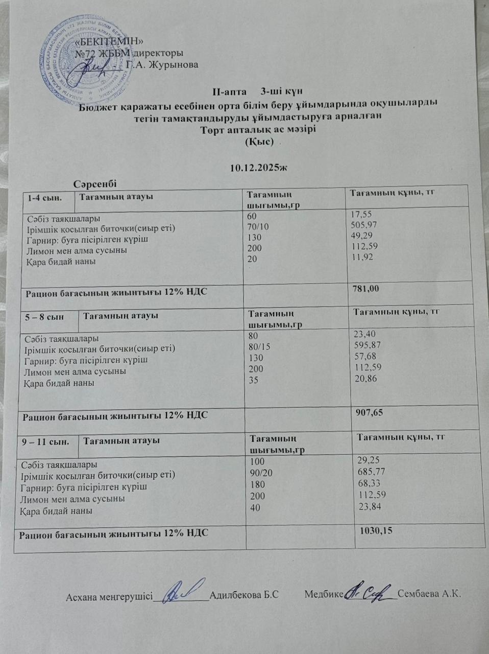 Ас мәзірі . 10.12.2025 ж.( 2-апта, 3-күн)