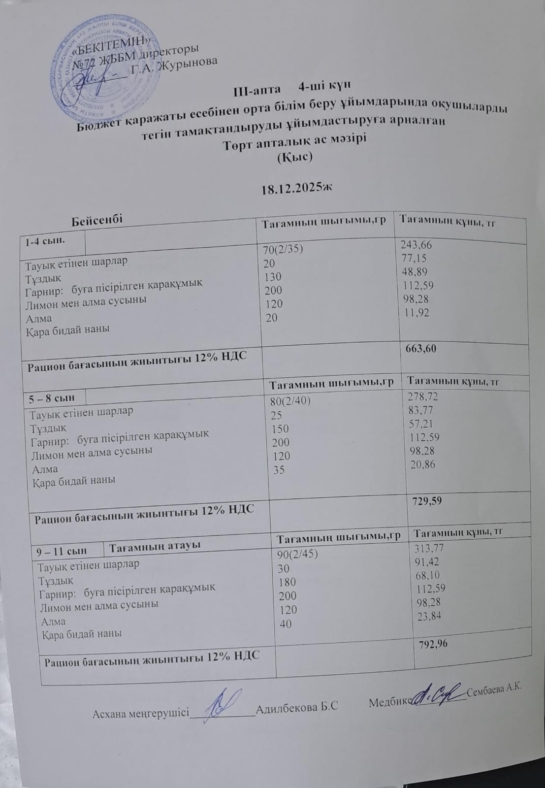 Ас мәзірі. 18.12.2025 ж. (3-апта, 4-күн)