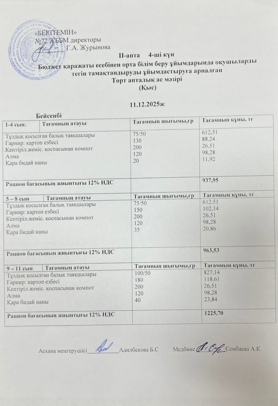 Ас мәзірі 11.12.2025ж (2-апта,4-күн)