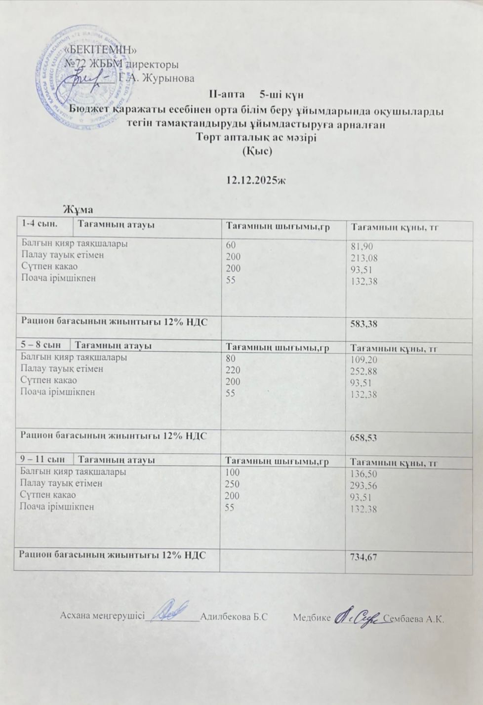 Ас мәзірі 12.12.2025ж (2-апта,5-күн)