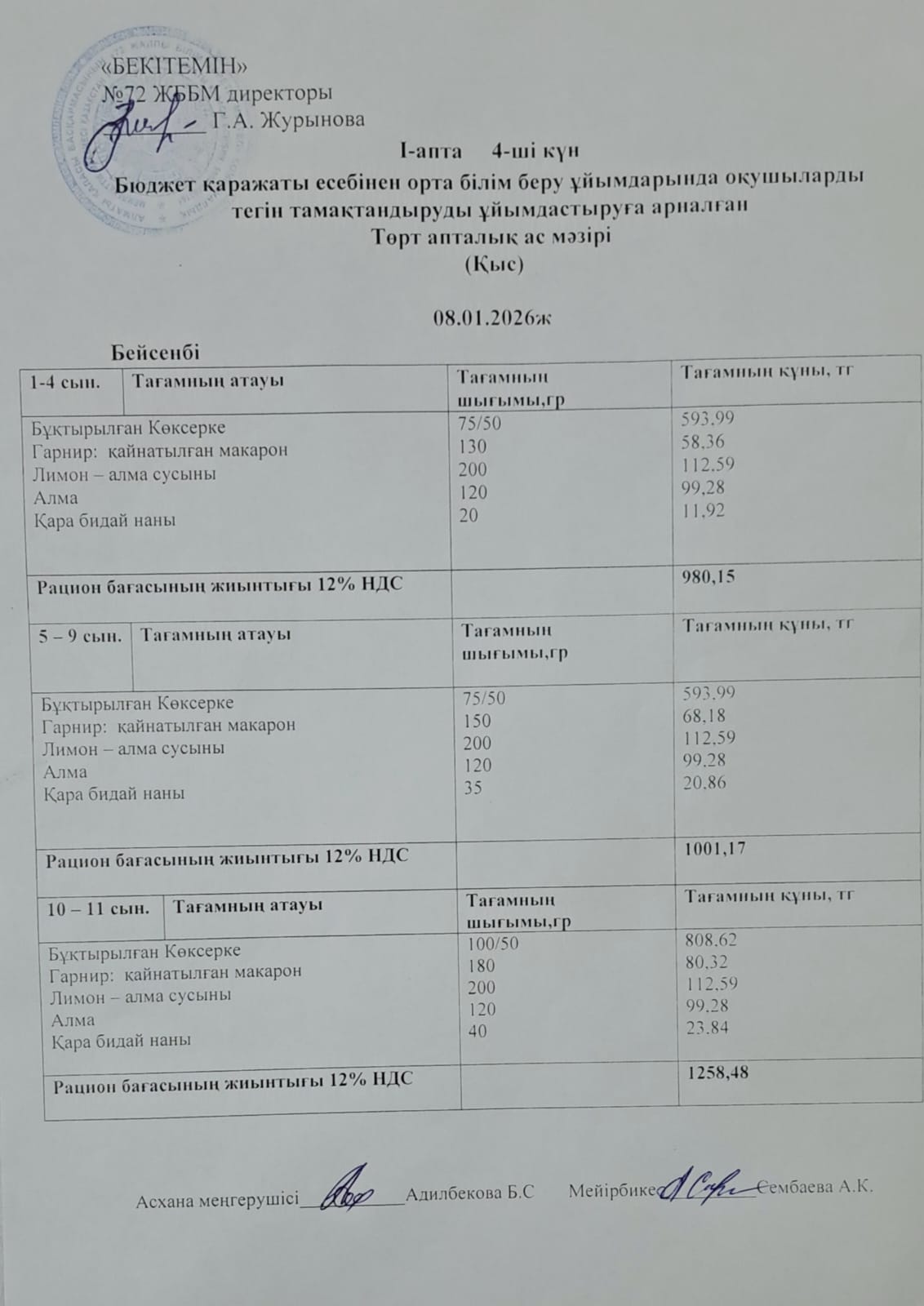 Ас мәзірі. 08.01.2026 ж. 1-апта, 4-күн