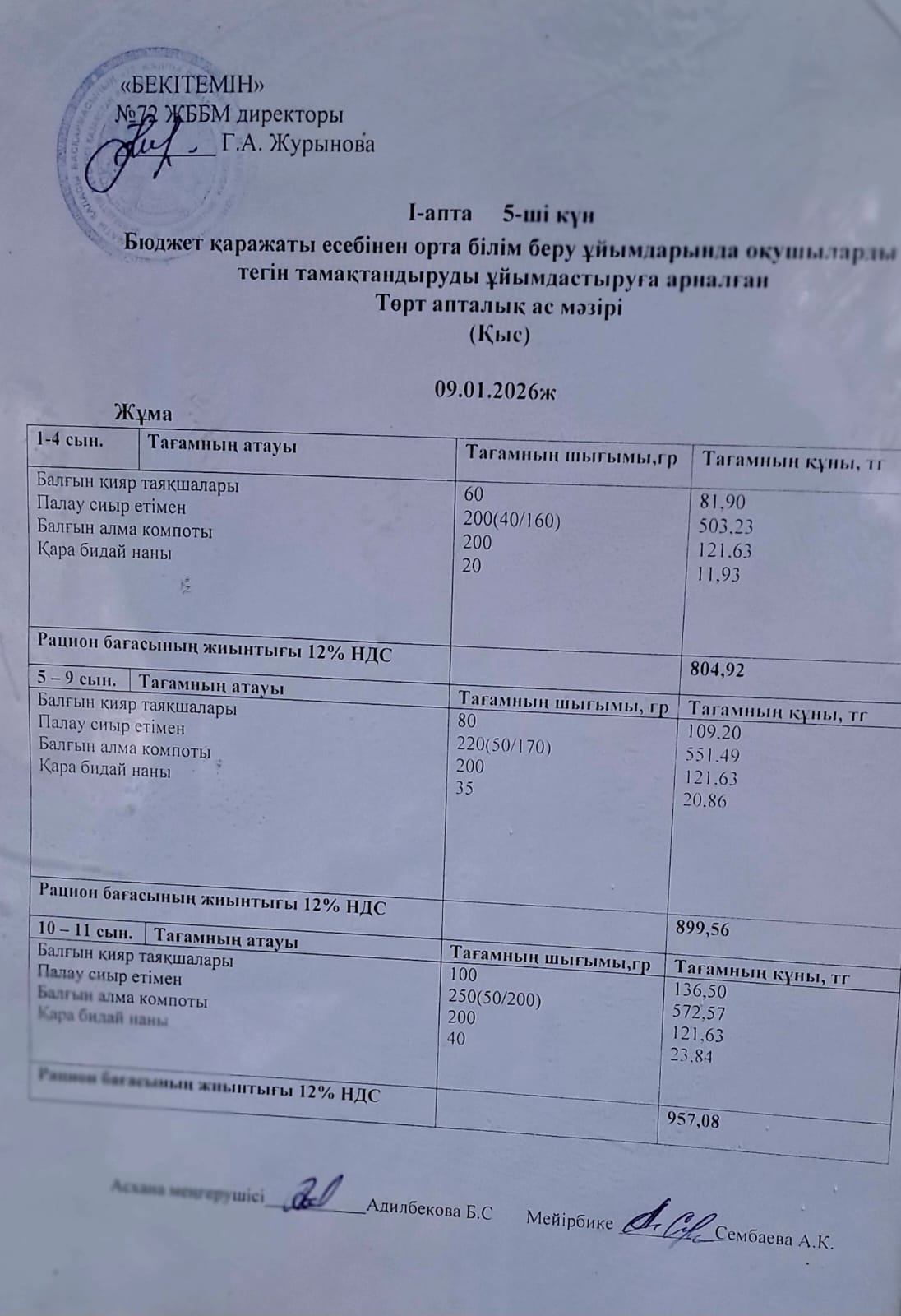 Ас мәзірі. 09.01.2026 ж. 1-апта, 5-күн