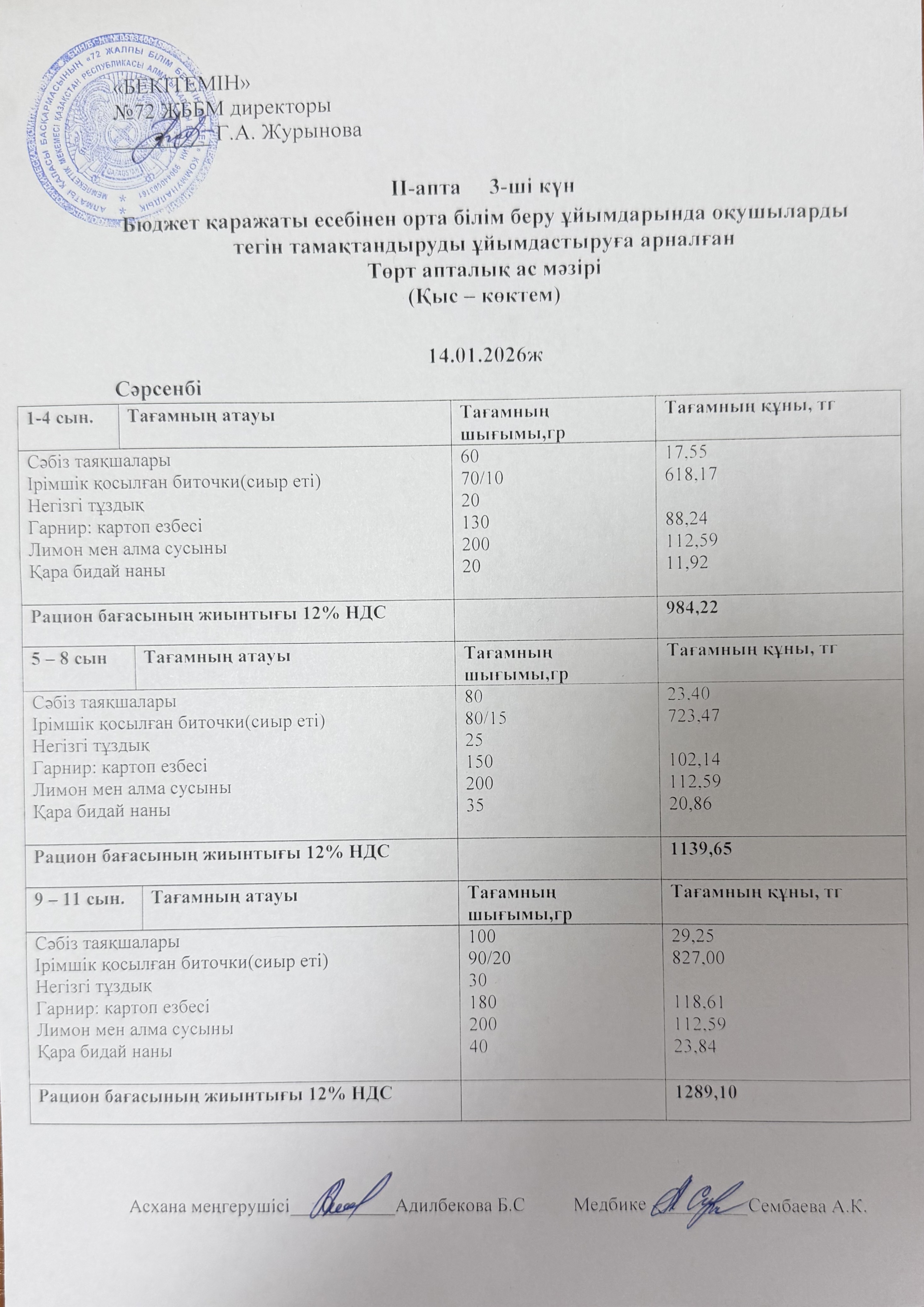 Ас мәзірі 14.01.2026жыл (2-апта, 3-күн)