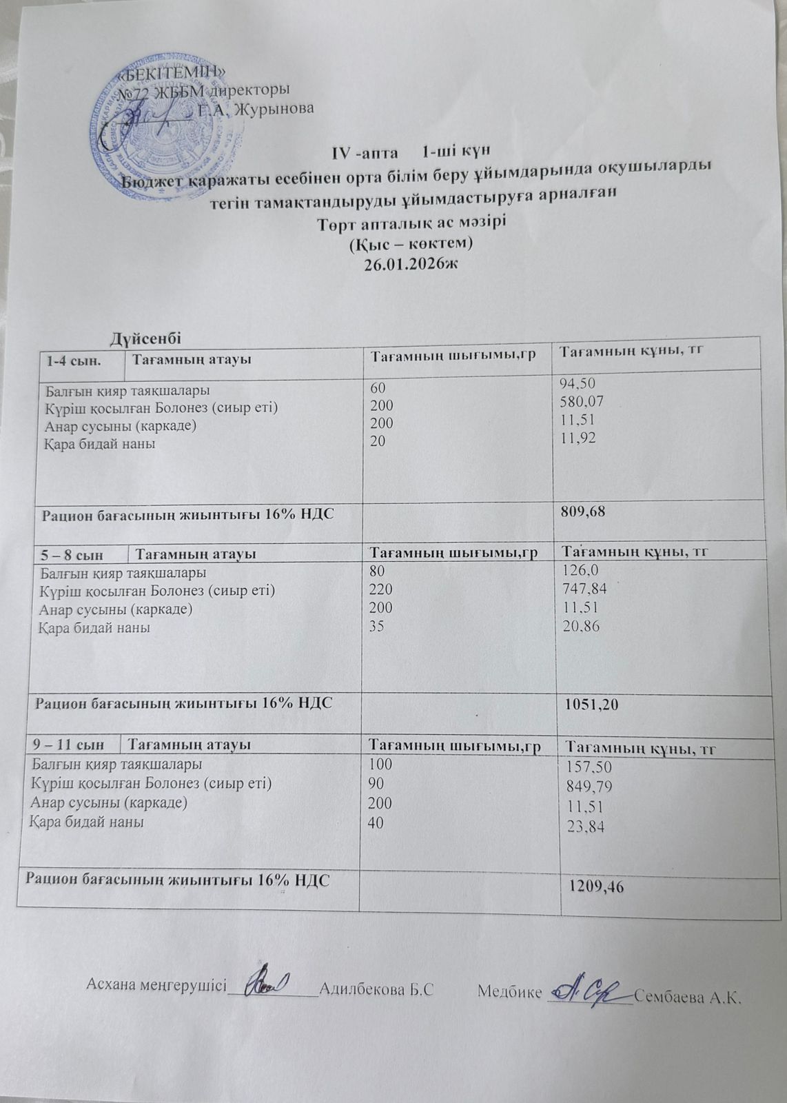 Ас мәзірі 26.01.2026жыл (4-апта, 1-күн)