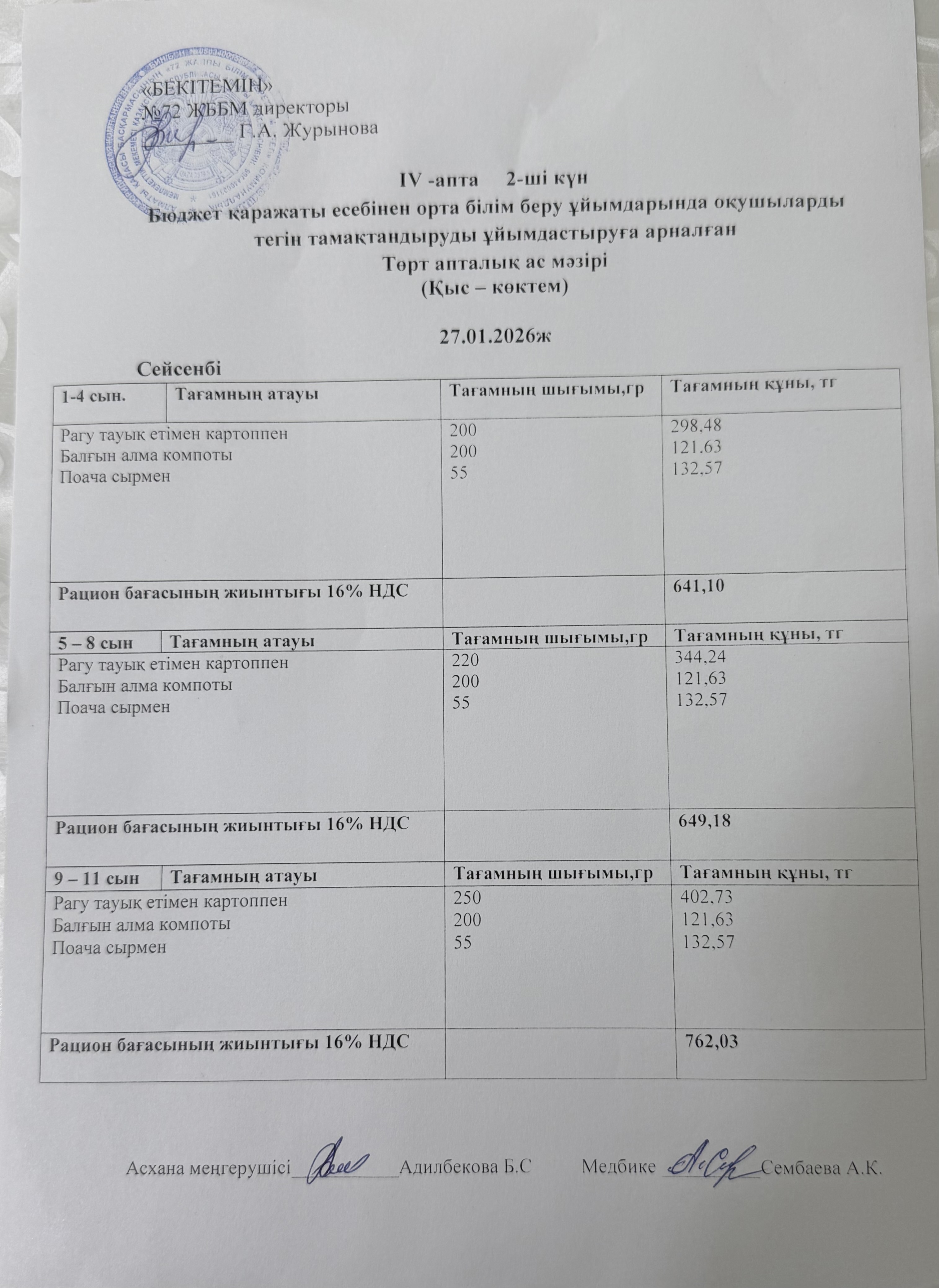 Ас мәзірі 27.01.2026жыл (4-апта, 2-күн)