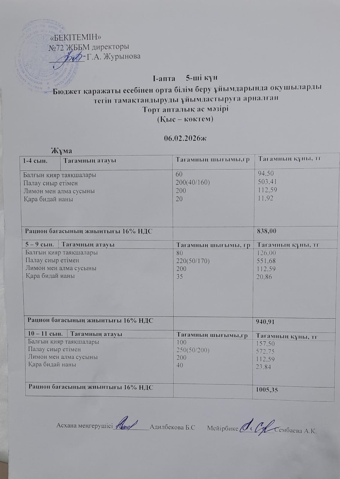 Ас мәзірі. 06.02.2026ж. (1-апта, 5-күн).