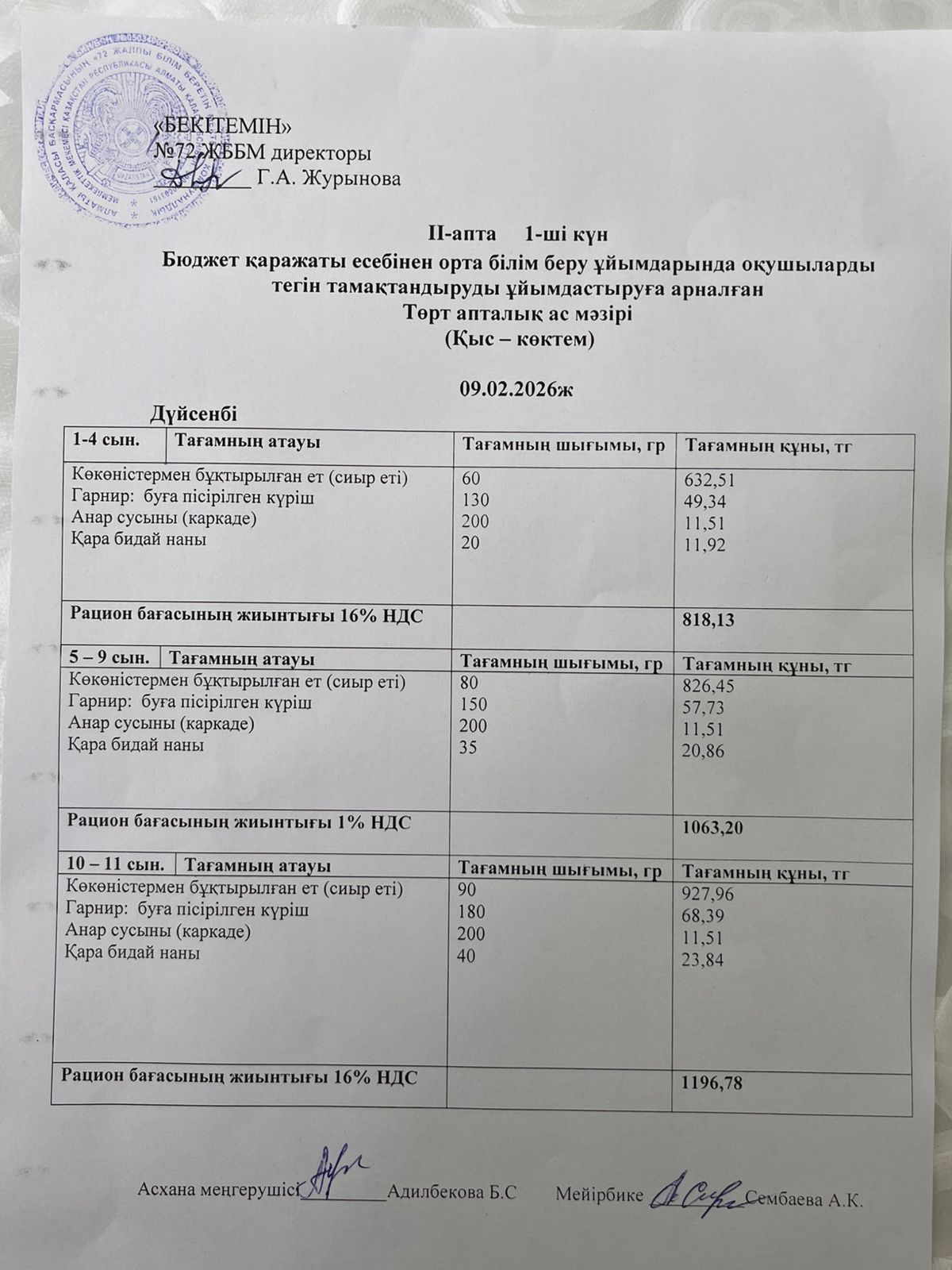 Ас мәзірі 09.02.2026жыл (2-апта, 1-күн)