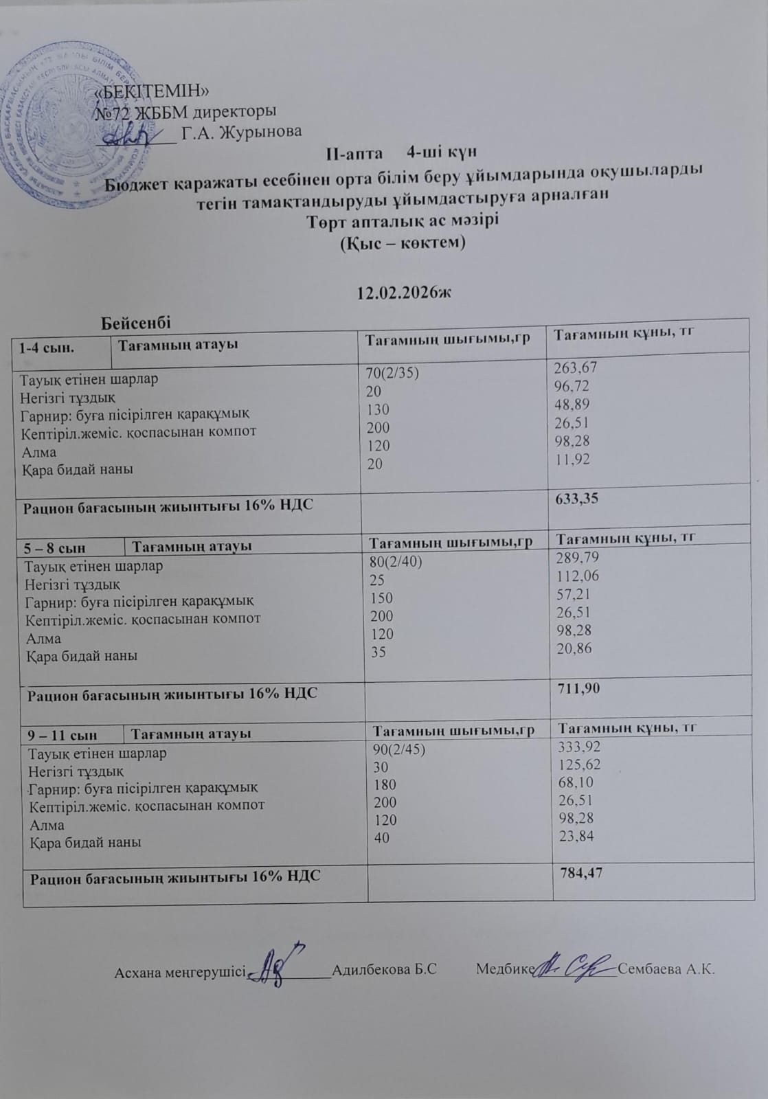 Ас мәзірі. 12.02.2026 ж. (2-апта, 4-күн)