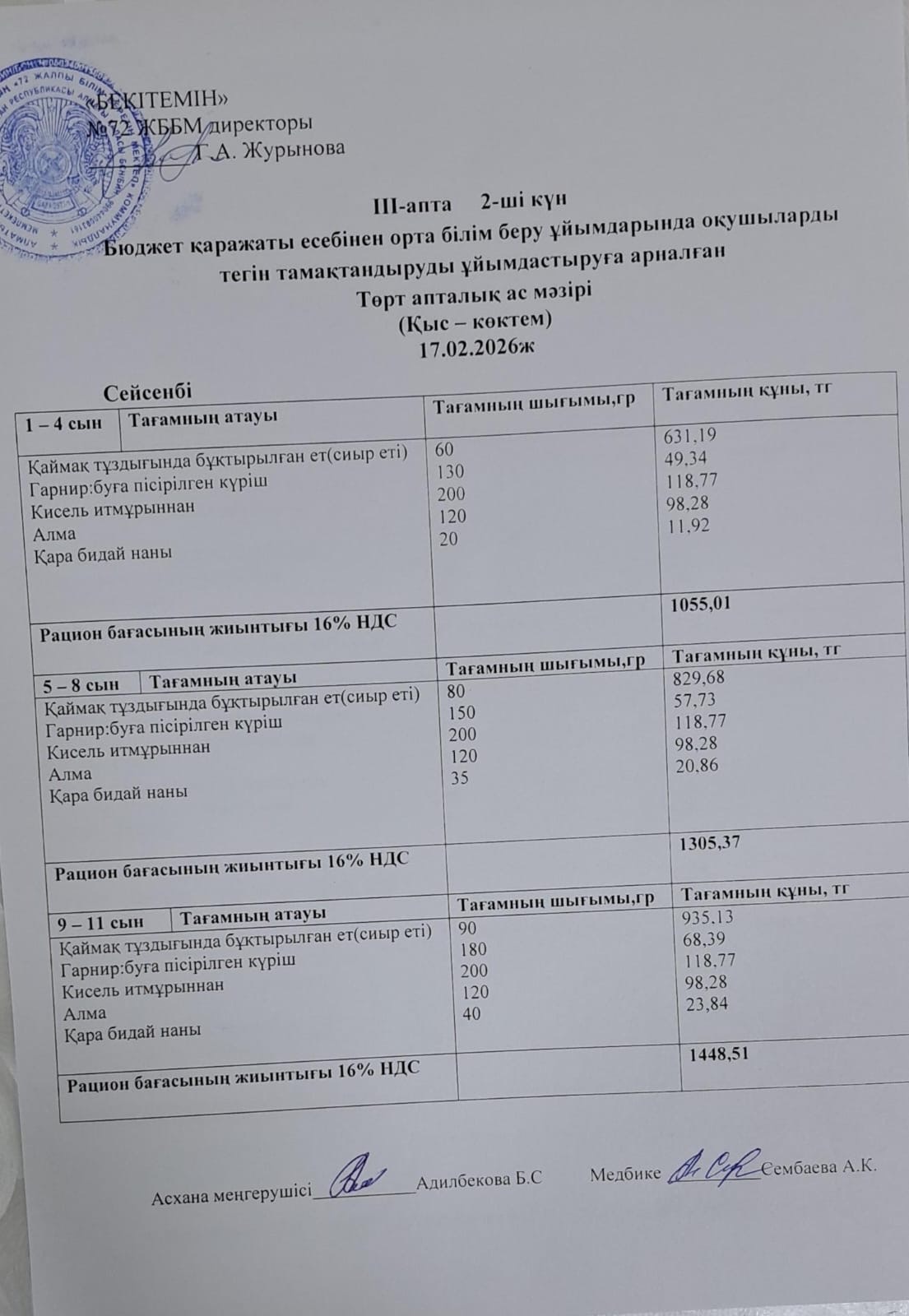 Ас мәзірі 17.02.2026ж.(3-апта, 2-күн)