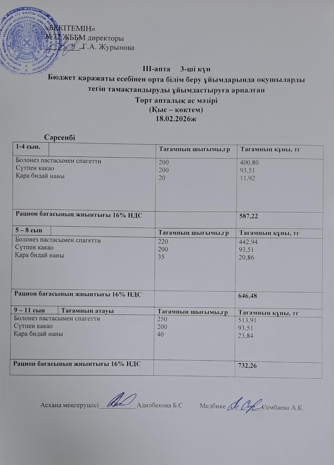 Ас мәзірі. 18.02.2026 ж. (3-апта, 3-күн)