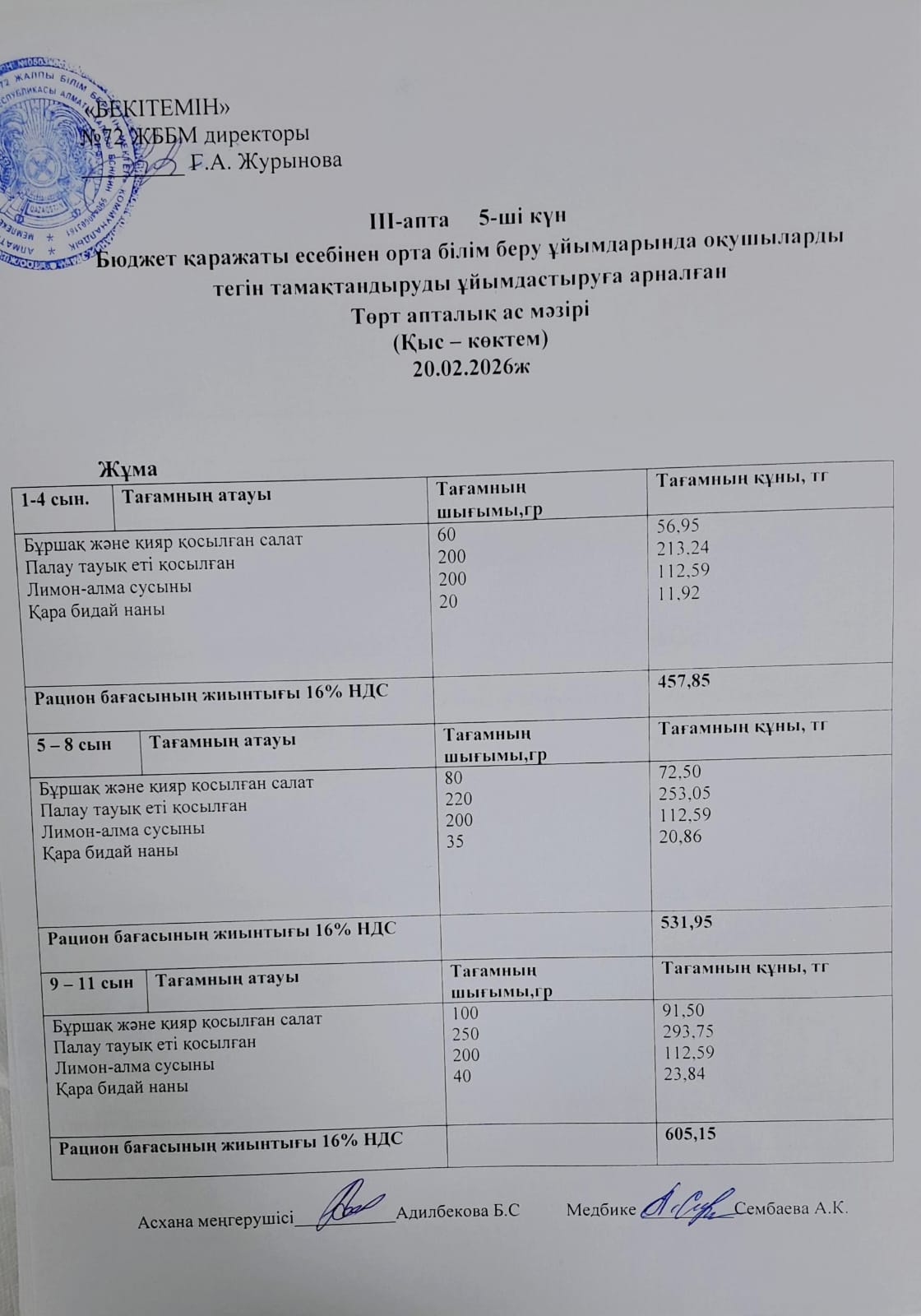 Ас мәзірі. 20.02.2026 ж.(3-апта, 5-күн)