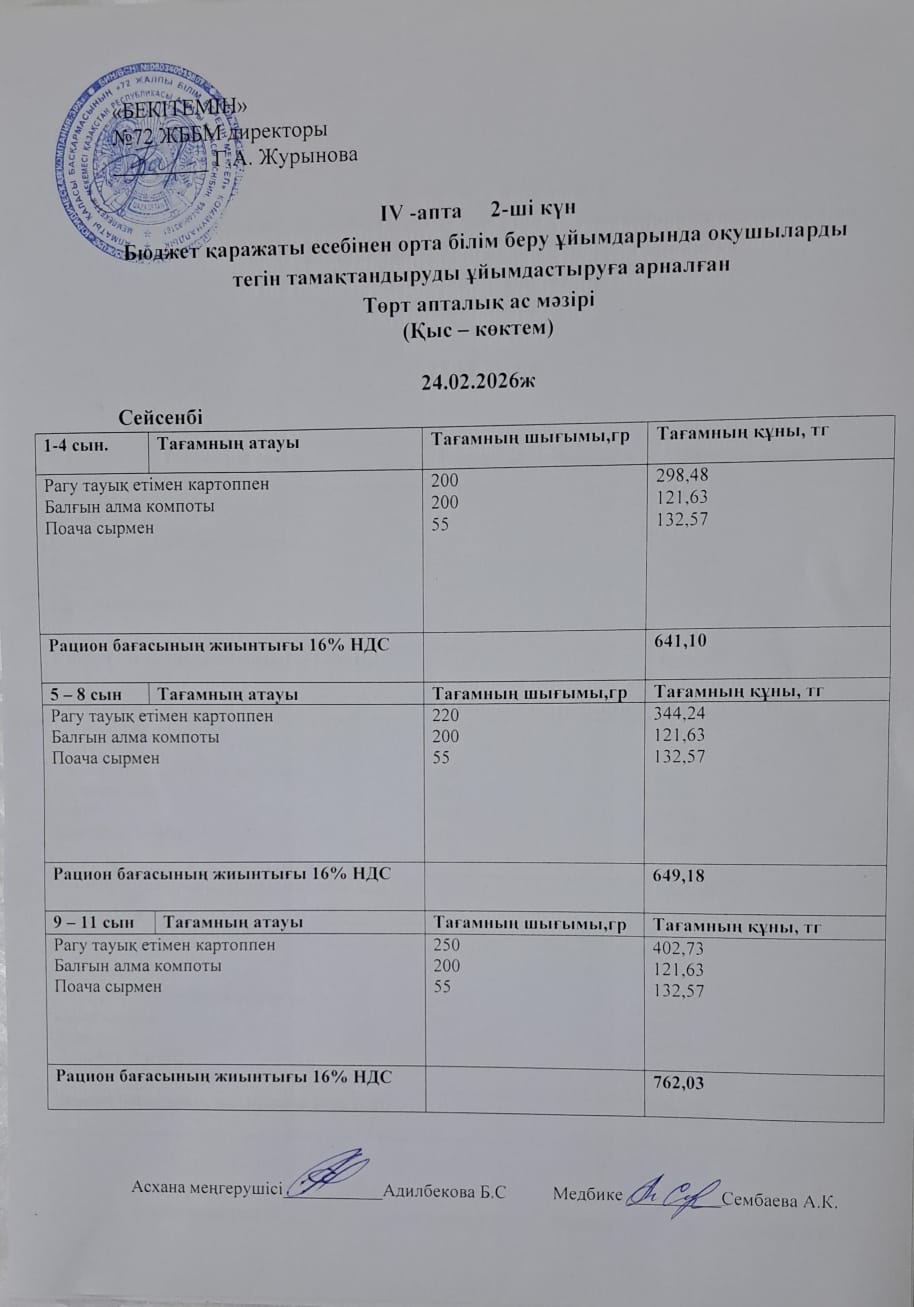 Ас мәзірі. 24.02.2026 ж. (4-апта, 2-күн)