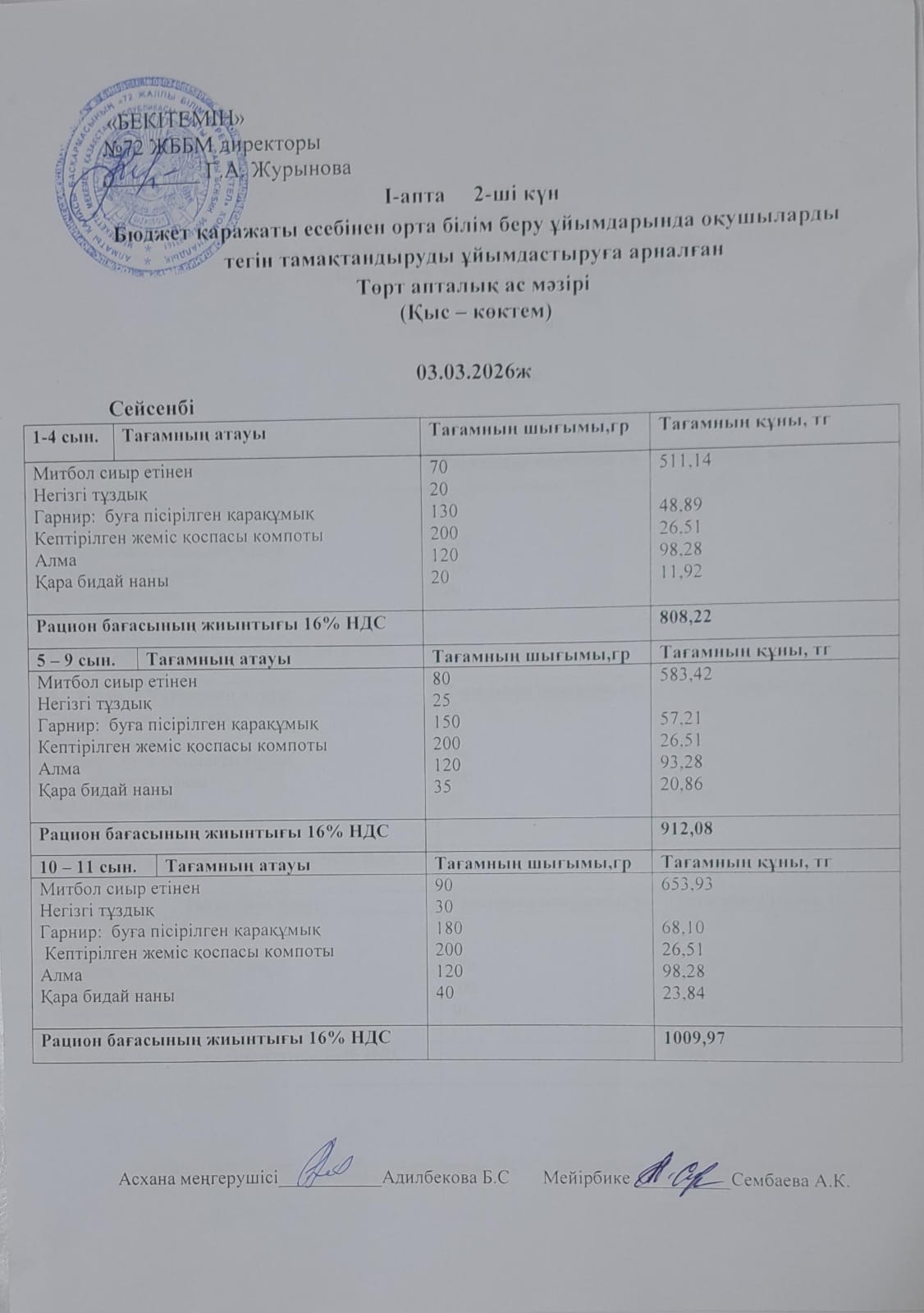 Ас мәзірі. 03.03.2026 ж. (1-апта, 2-күн)