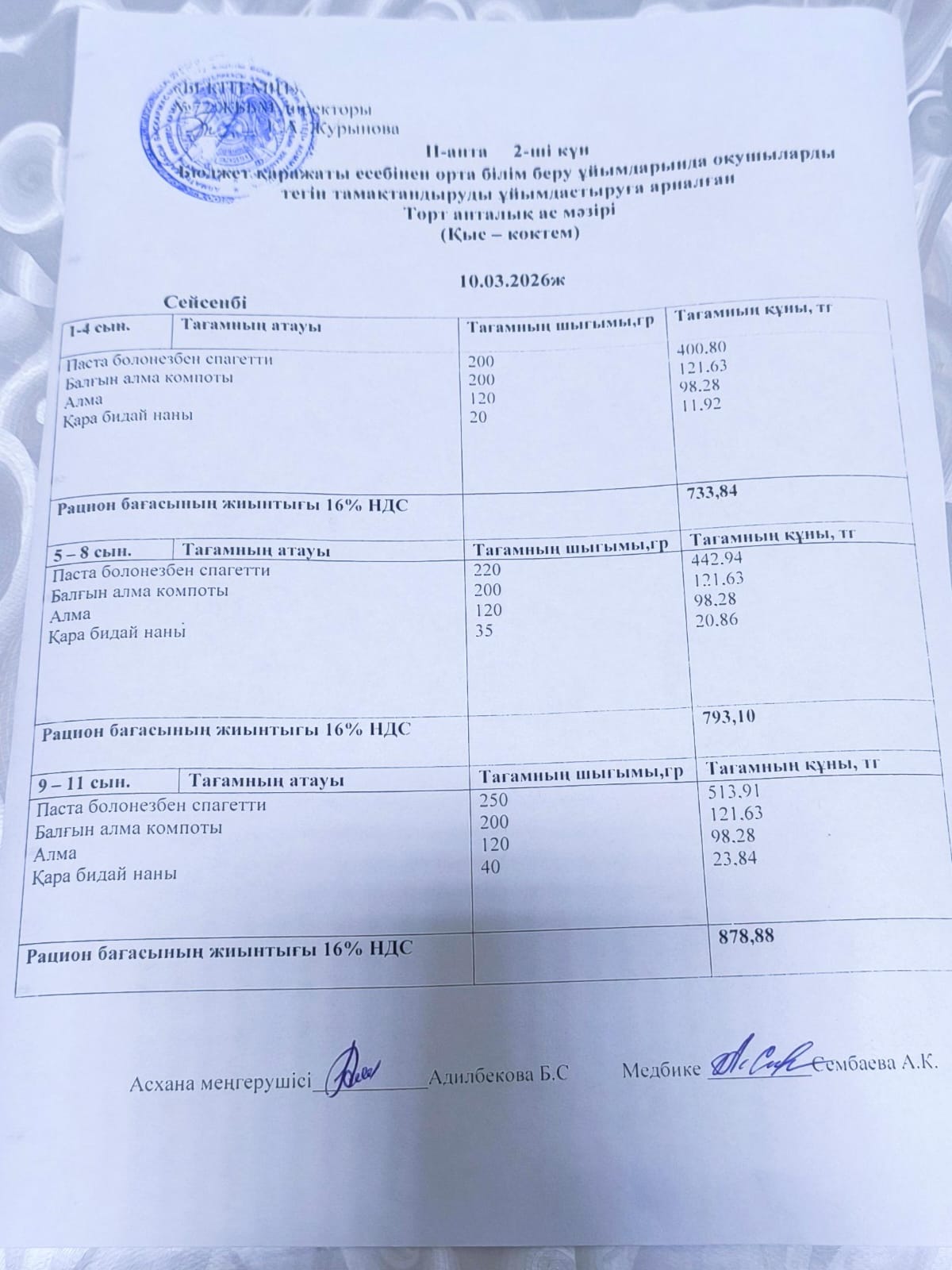 Ас мәзірі. 10.03.2026 ж. (2-апта, 2-күн)