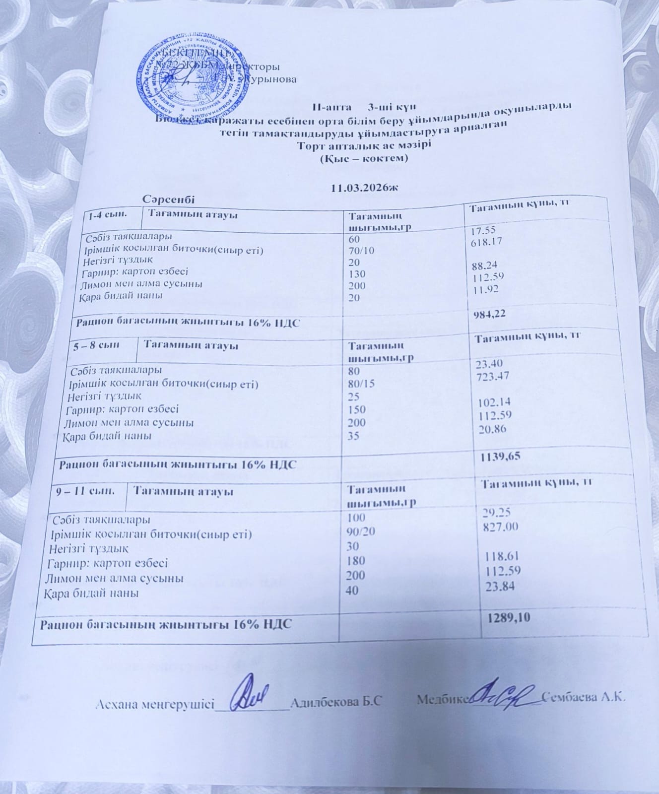 Ас мәзірі. 11.03.2026 ж. (2-апта, 3-күн)