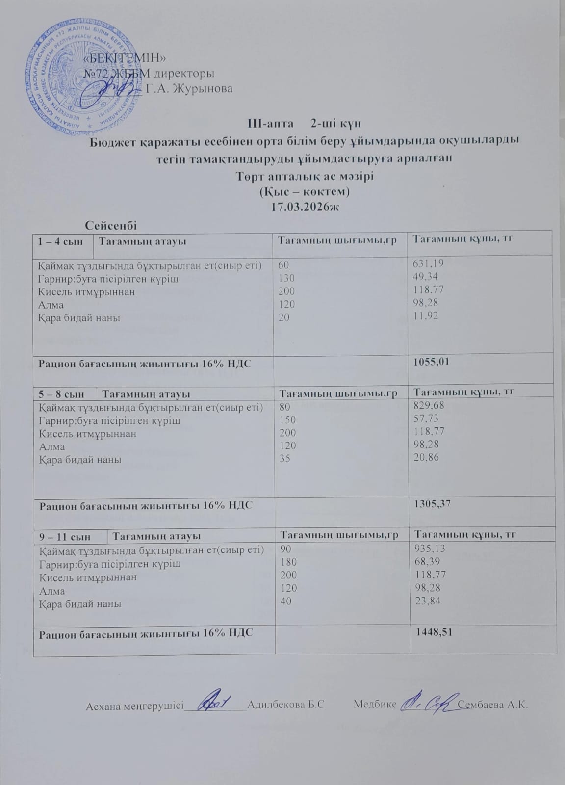 Ас мәзірі. 17.03.2026 ж. (3-апта, 2-күн)