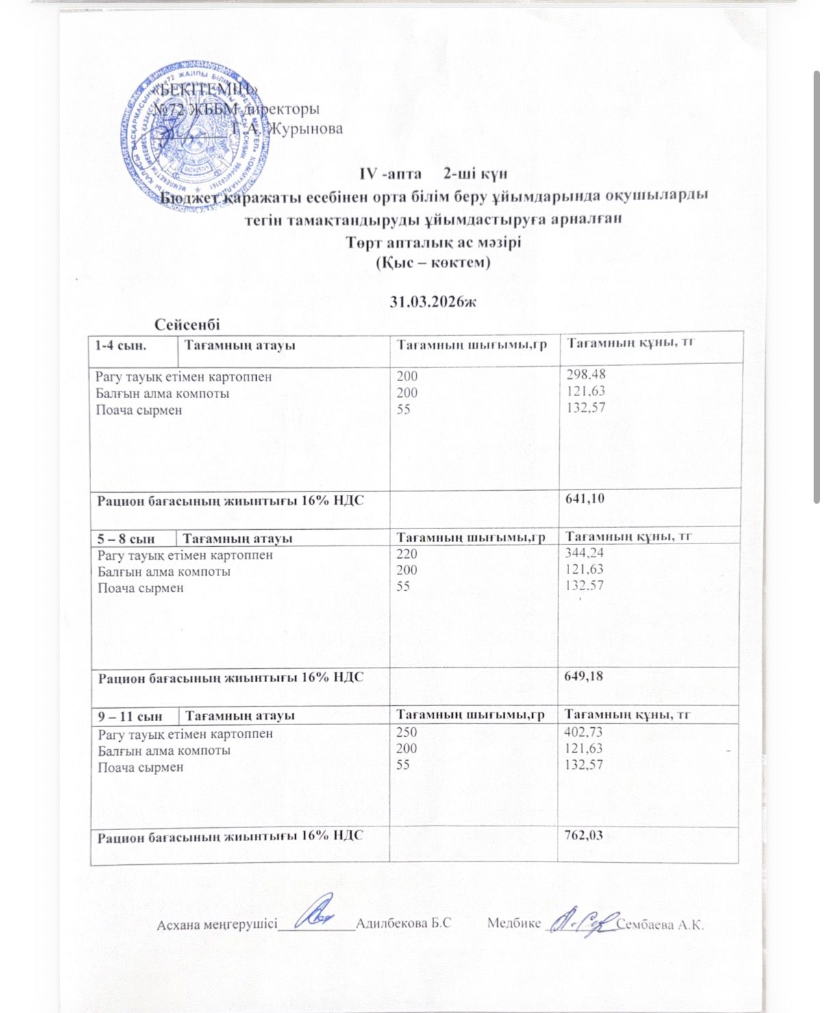 Ас мәзірі 31.03.2026жыл (4-апта, 2-күн)