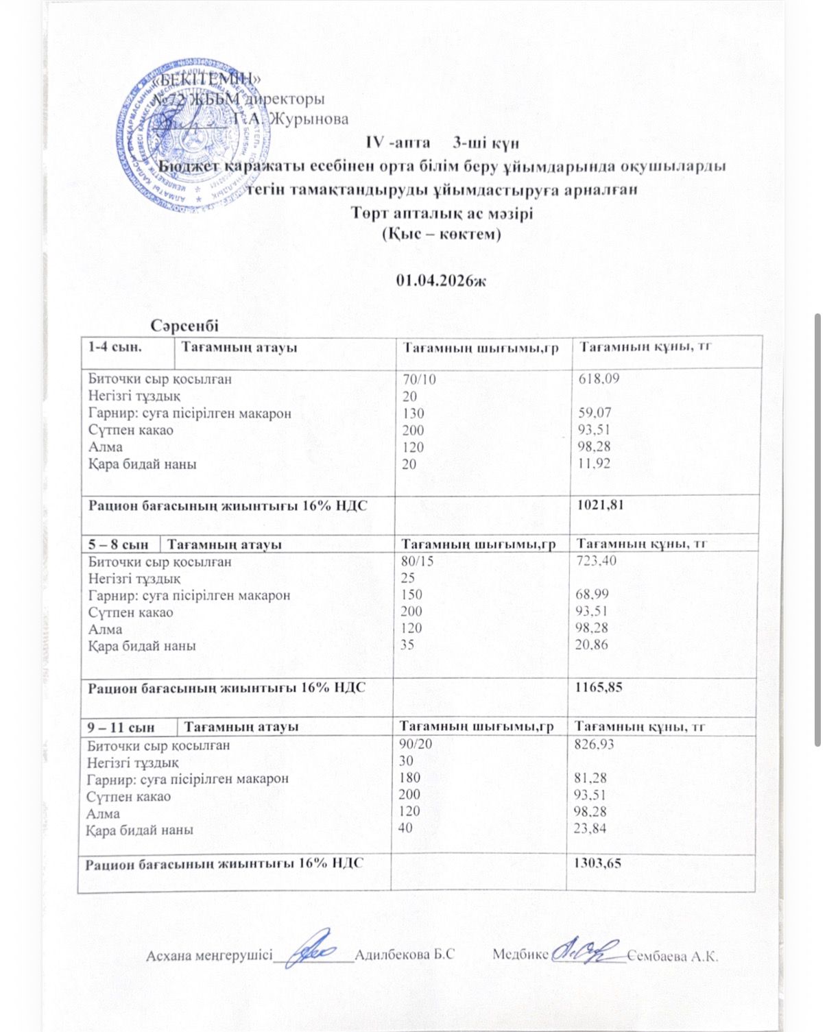 Ас мәзірі 01.04.2026жыл (4-апта, 3-күн)