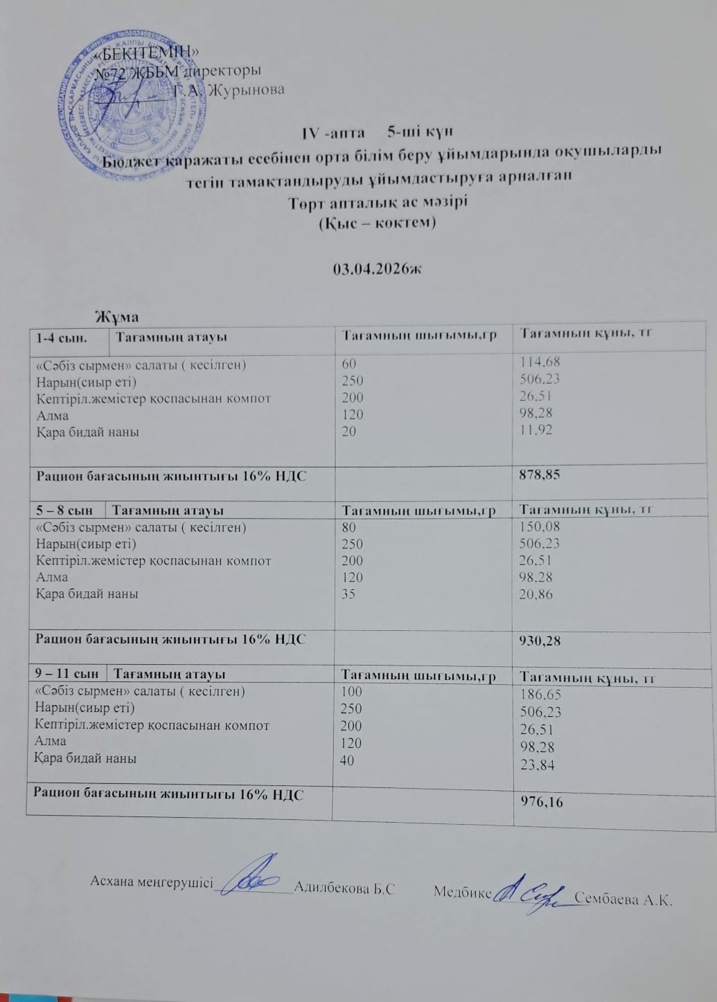 Ас мәзірі. 03.04.2026 ж. (4-апта, 5-күн)