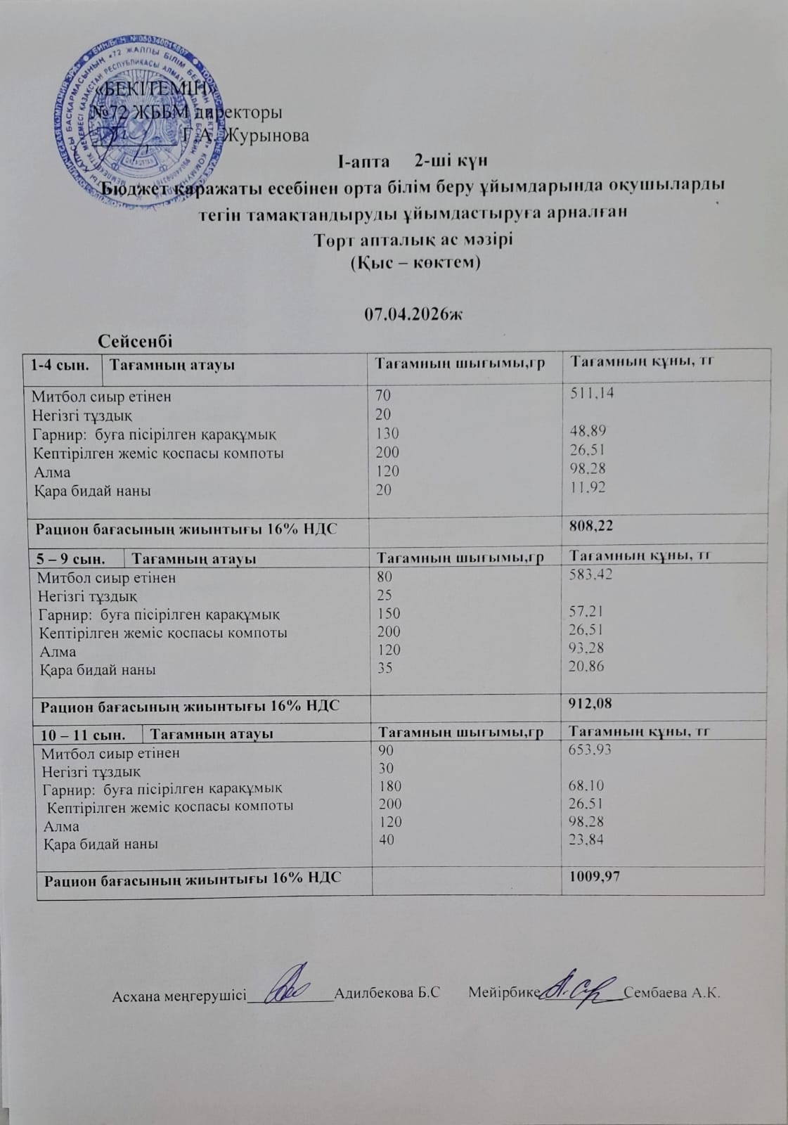 Ас мәзірі 07.04.2026 ж. (1-апта, 2-күн)